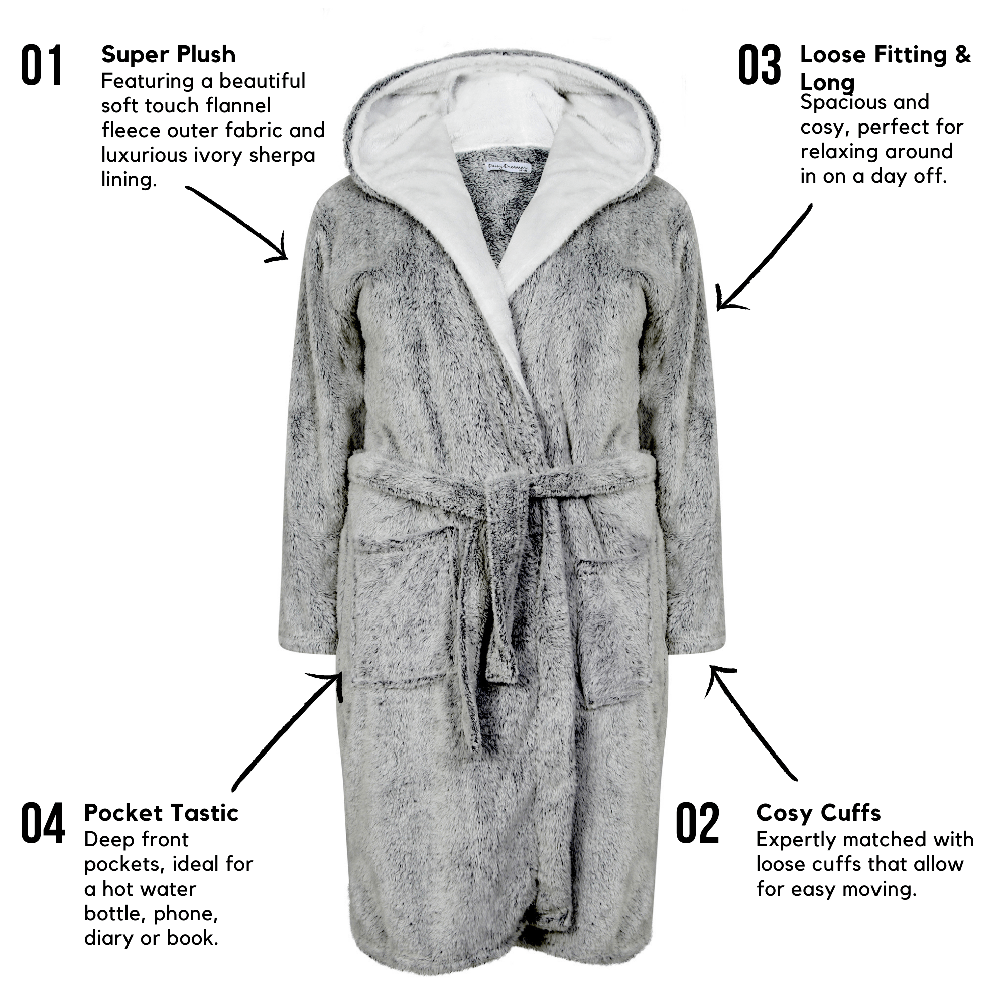 Women's Shimmer Grey Plush Fleece Hooded Robe with Ultra-Soft Sherpa Lining for Luxurious Loungewear and Nightwear