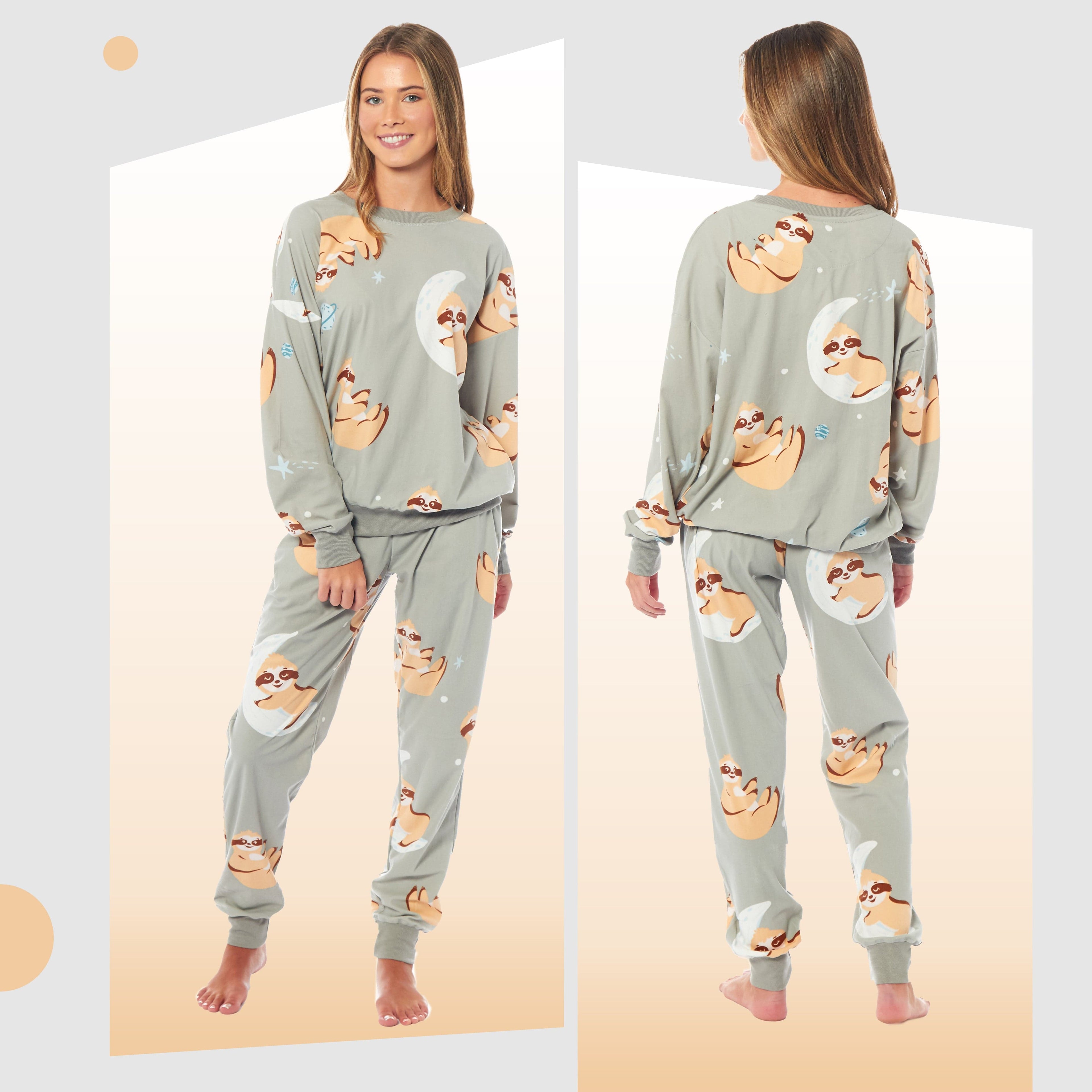 Women's Sloth Soft Fleece Pyjama Set Long Sleeve Animal Print Warm PJs Loungewear Sleepwear for Ladies