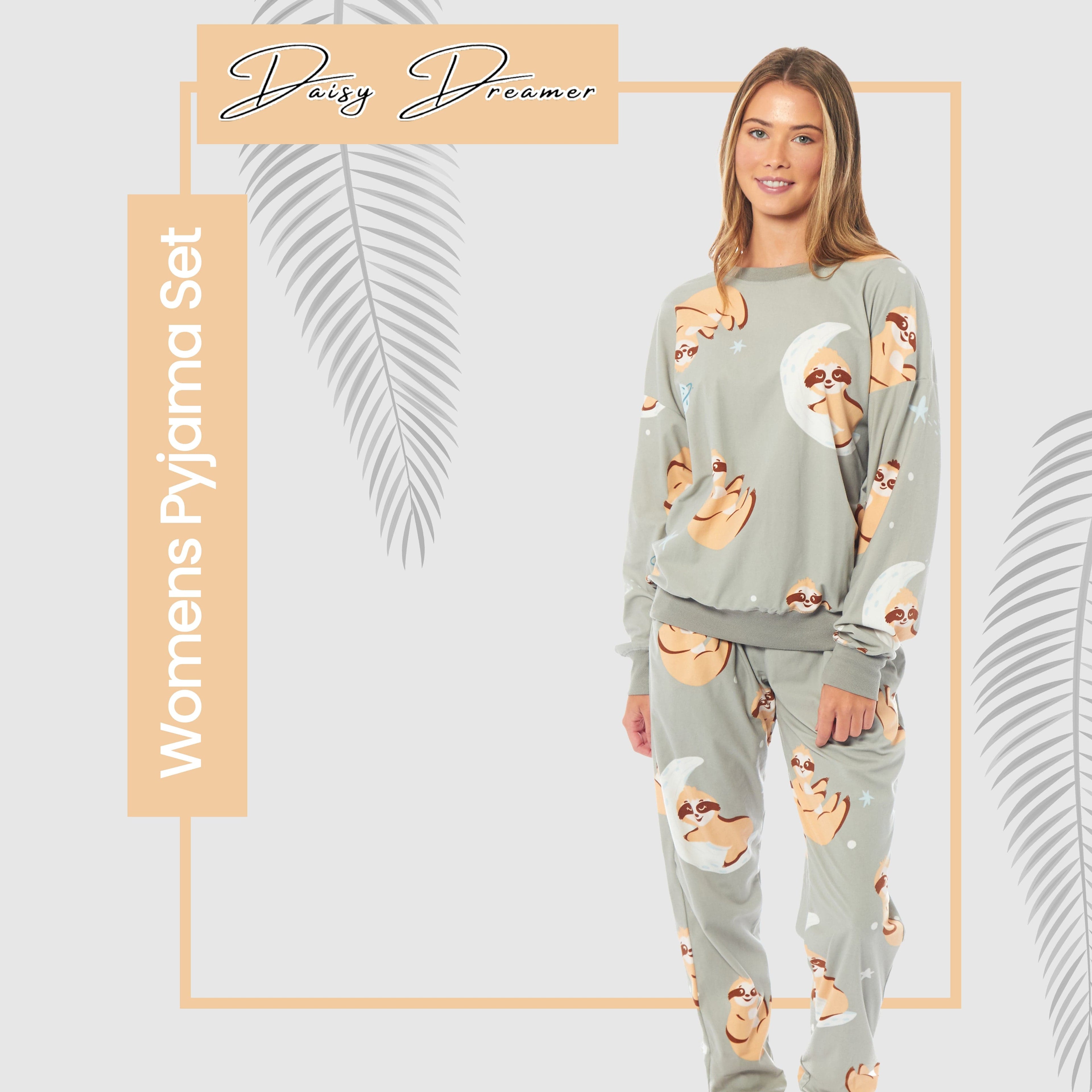 Women's Sloth Soft Fleece Pyjama Set Long Sleeve Animal Print Warm PJs Loungewear Sleepwear for Ladies