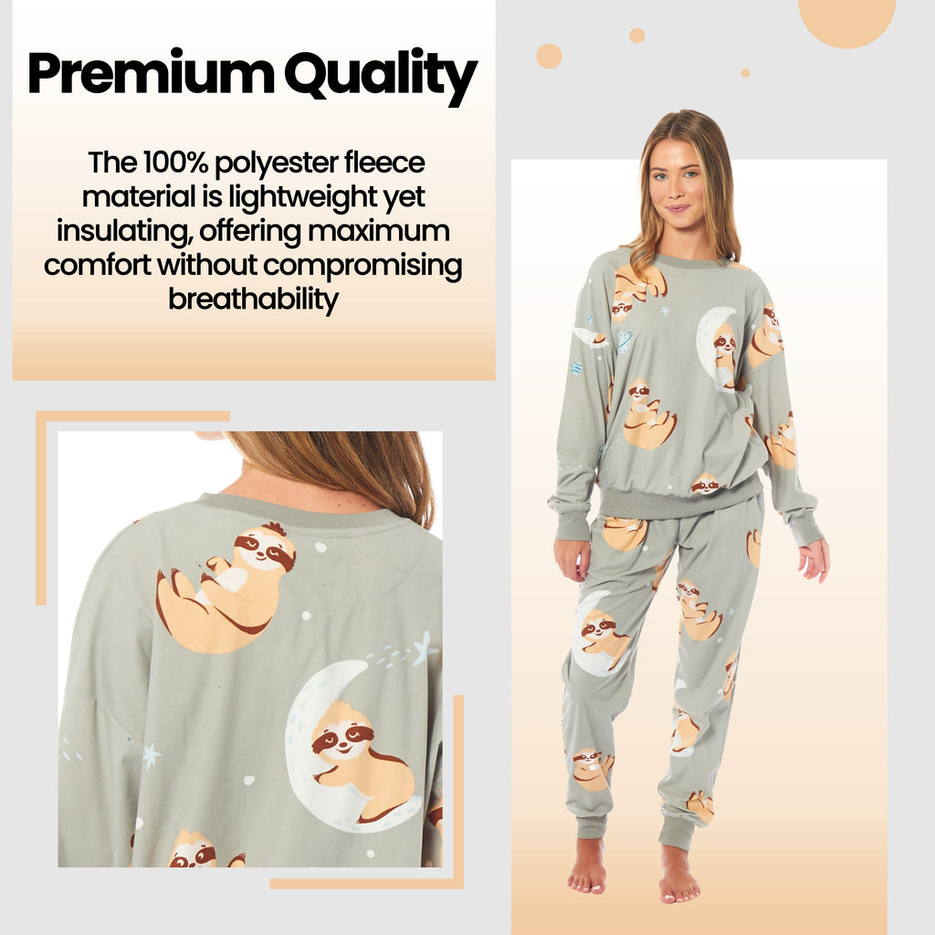 Women's Sloth Soft Fleece Pyjama Set Long Sleeve Animal Print Warm PJs Loungewear Sleepwear for Ladies