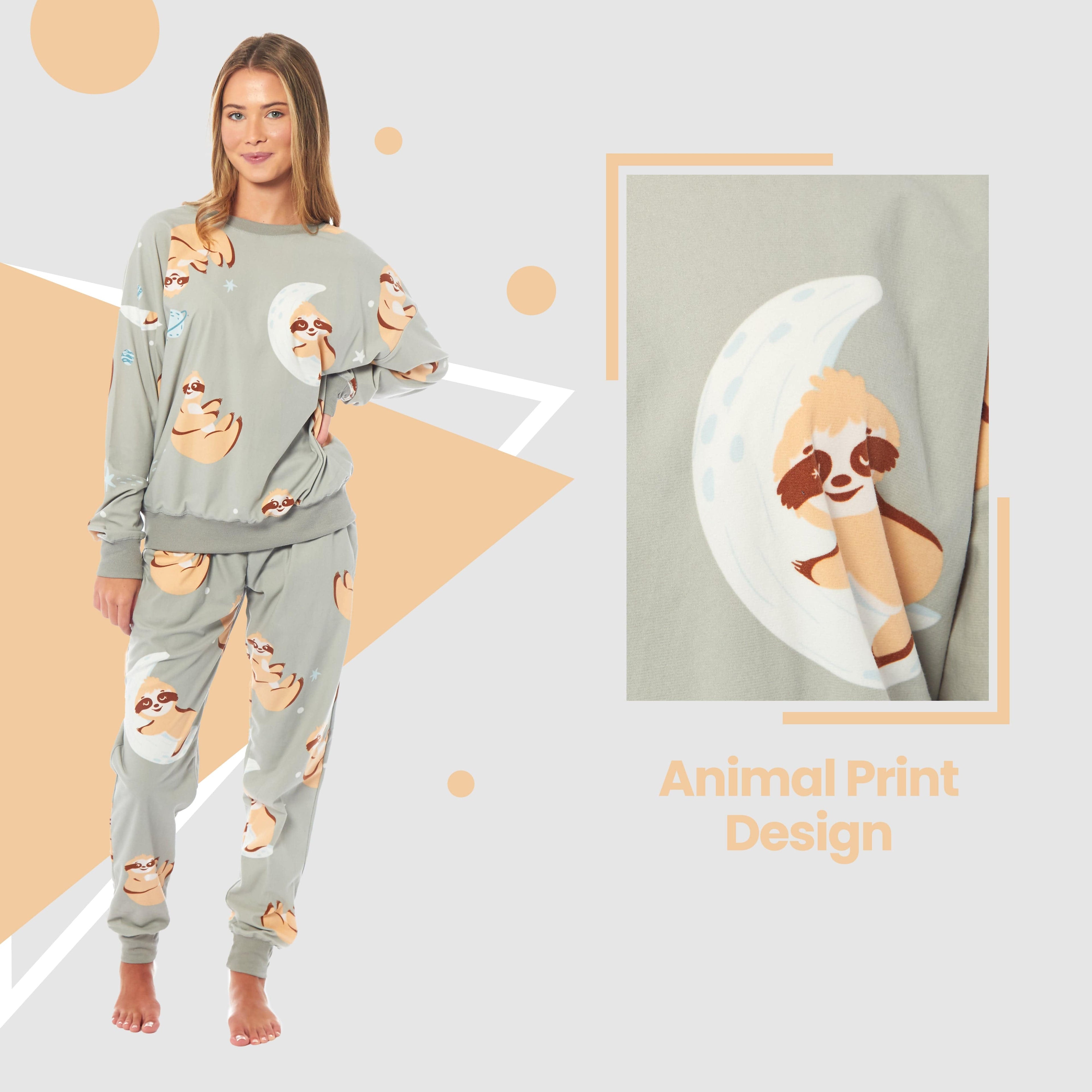 Women's Sloth Soft Fleece Pyjama Set Long Sleeve Animal Print Warm PJs Loungewear Sleepwear for Ladies