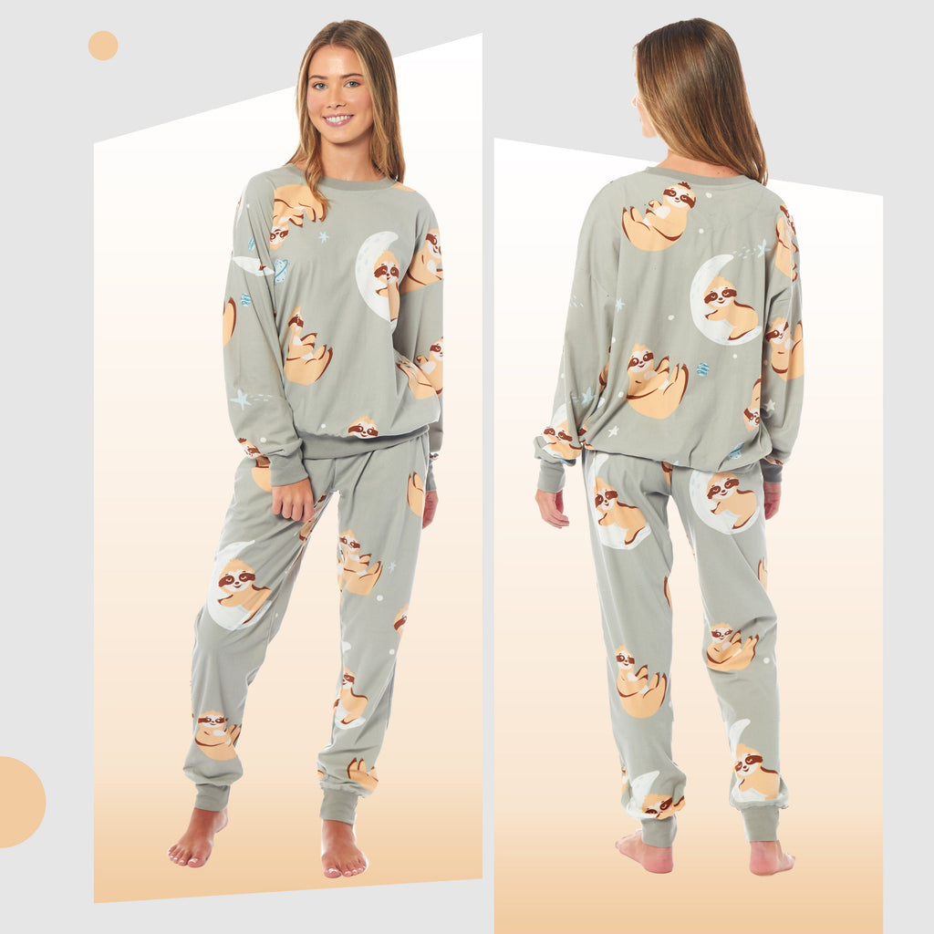 Women's Sloth Soft Fleece Pyjama Set Long Sleeve Animal Print Warm PJs Loungewear Sleepwear for Ladies