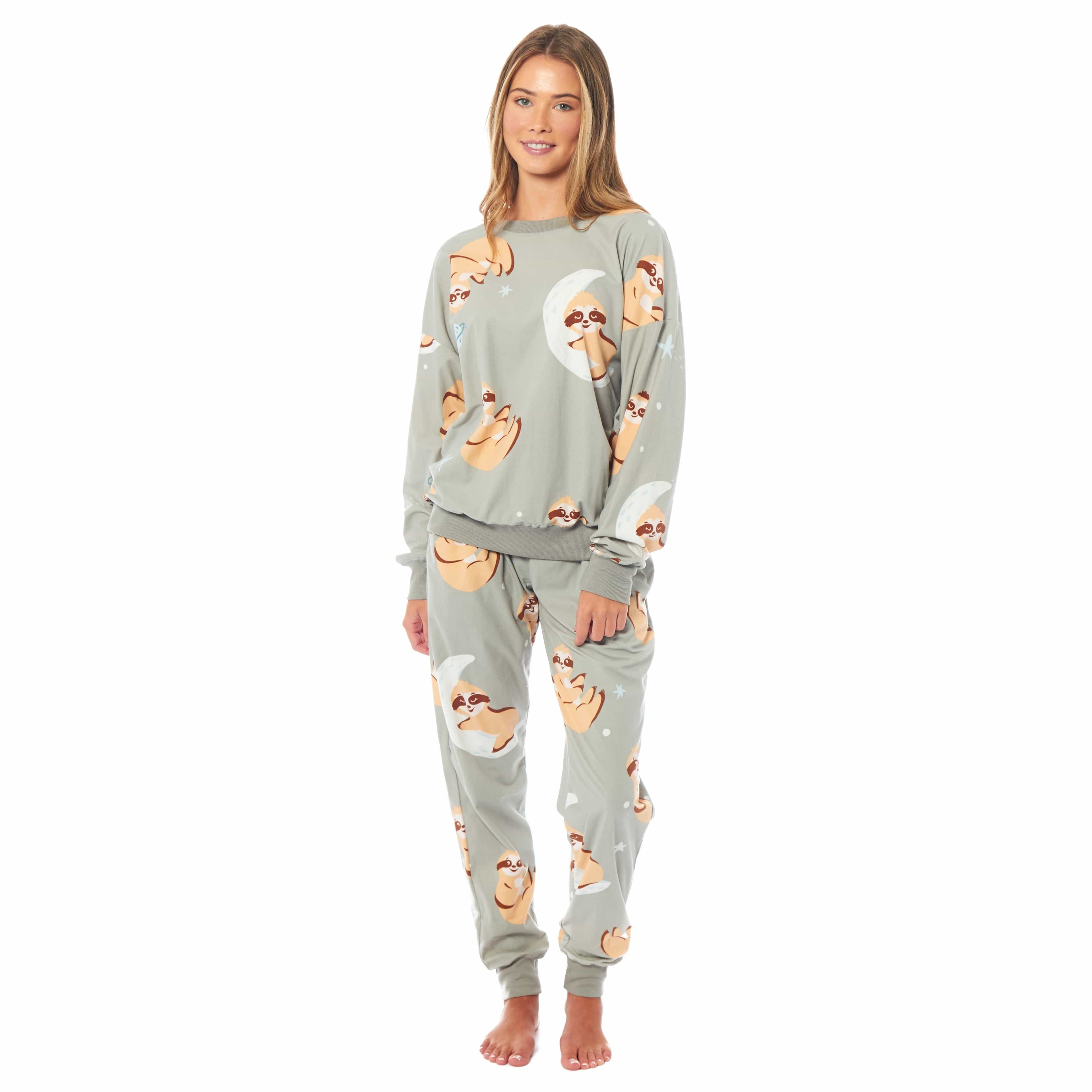 Women's Sloth Soft Fleece Pyjama Set Long Sleeve Animal Print Warm PJs Loungewear Sleepwear for Ladies