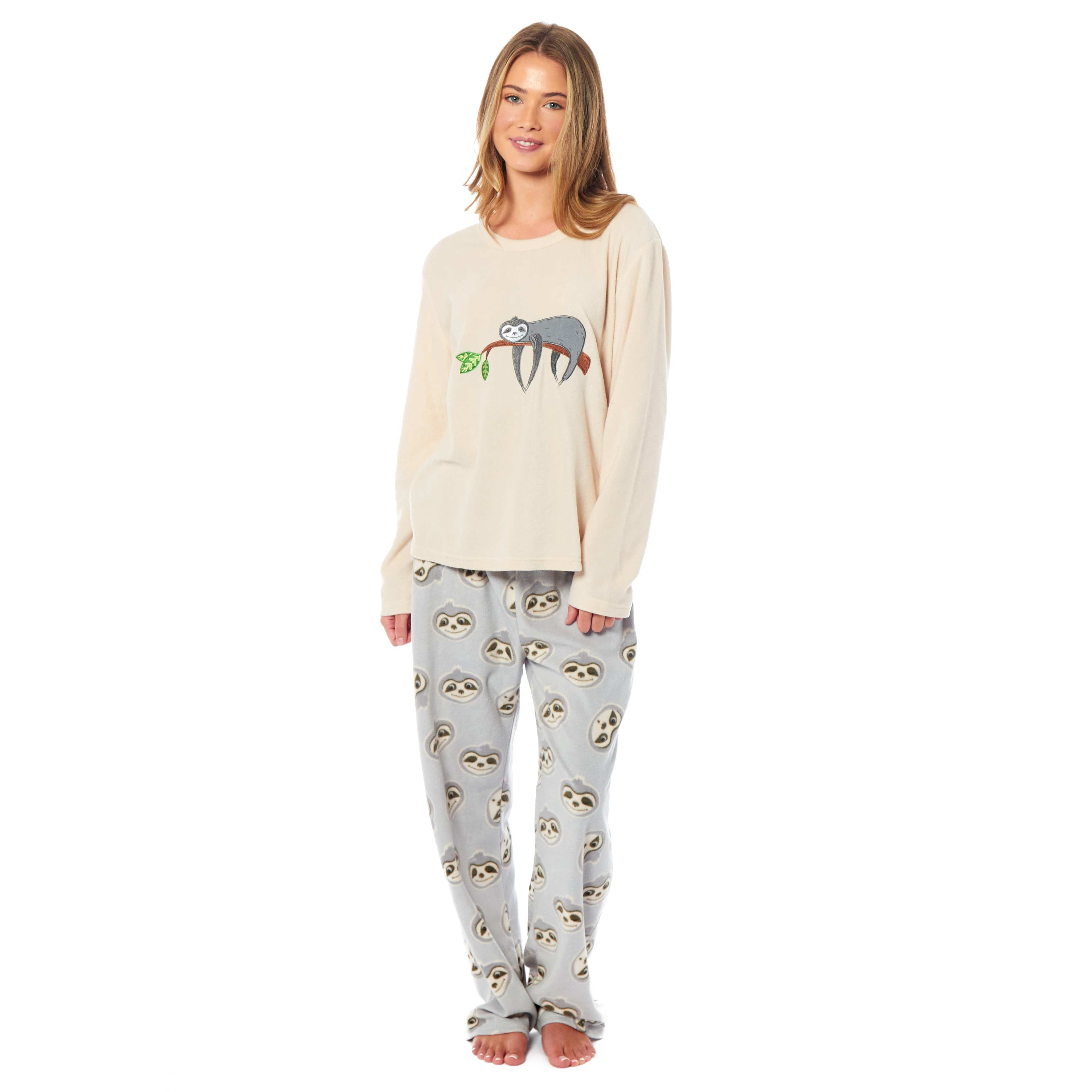 Women's Sloth Thermal Fleece Pyjamas Set Soft Warm Winter PJs Animal Print Loungewear Sleepwear Long Sleeve Top and Bottom