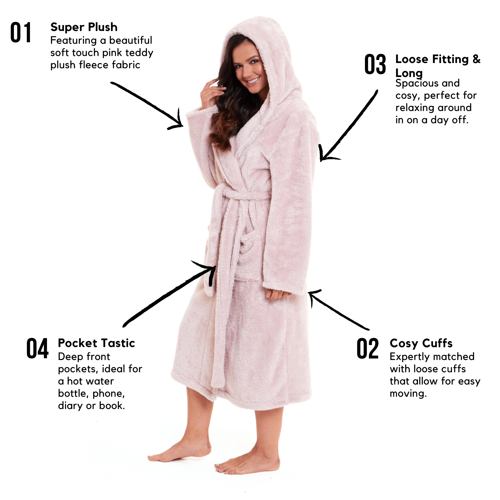 Women's Snuggle Fleece Touch Hooded Robe Luxurious Soft Loungewear Cosy Durable Dressing Gown UK Sizes 8-22 Green Grey Pink Green