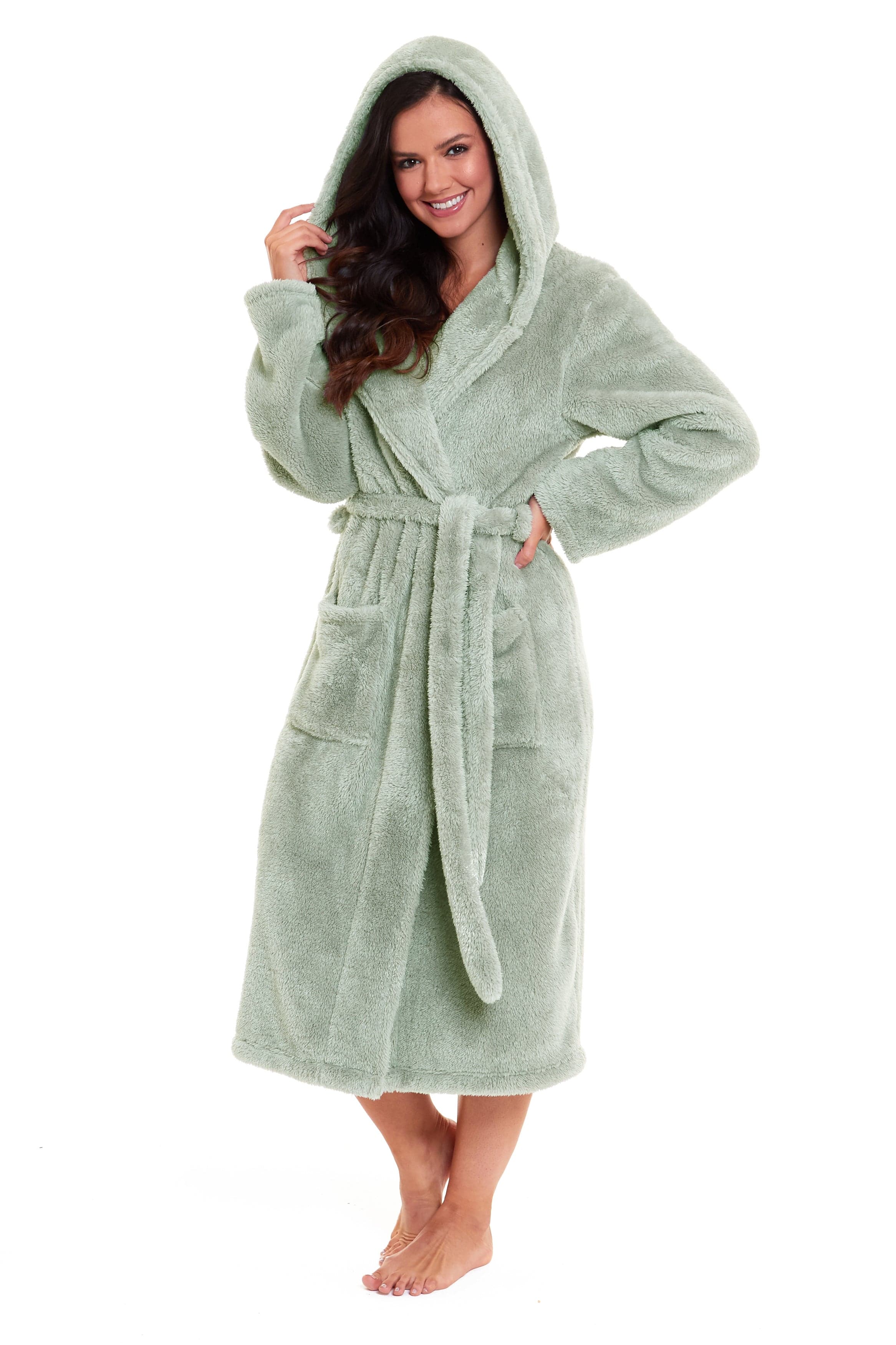 Women's Snuggle Fleece Touch Hooded Robe Luxurious Soft Loungewear Cosy Durable Dressing Gown UK Sizes 8-22 Green Grey Pink Green