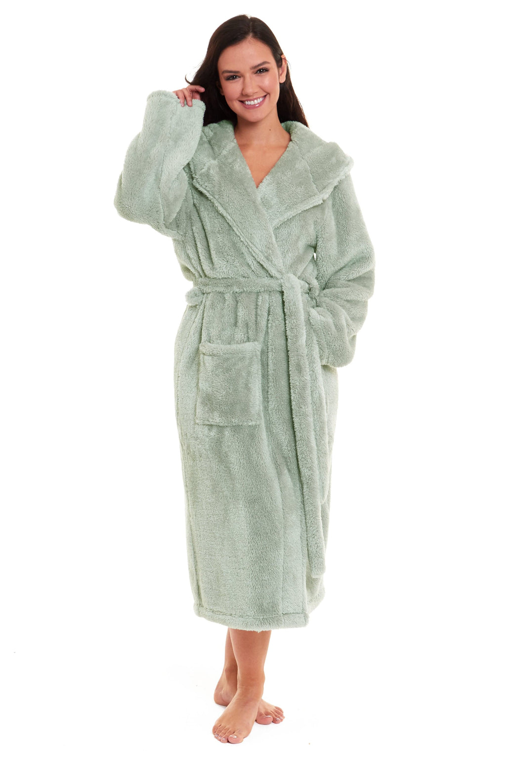 Women's Snuggle Fleece Touch Hooded Robe Luxurious Soft Loungewear Cosy Durable Dressing Gown UK Sizes 8-22 Green Grey Pink Green