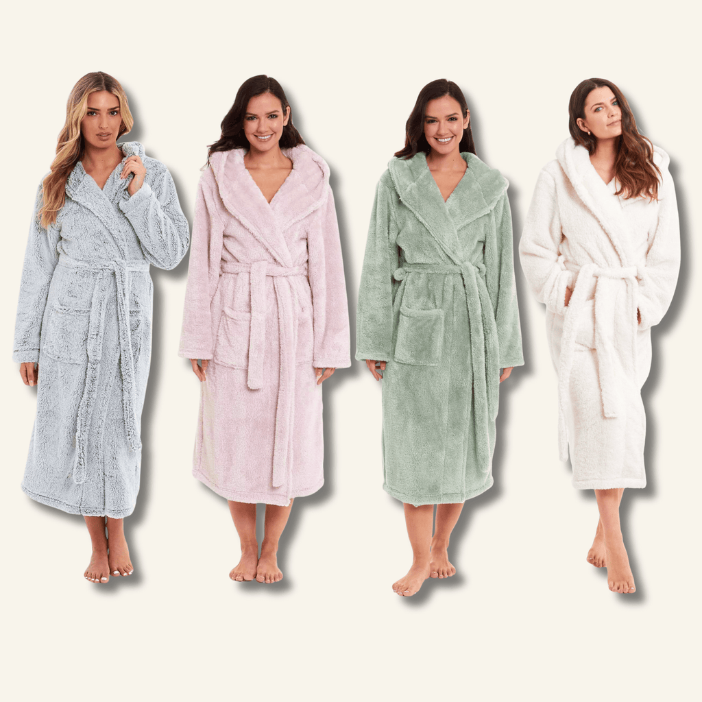 Women's Snuggle Fleece Touch Hooded Robe Luxurious Soft Loungewear Cosy Durable Dressing Gown UK Sizes 8-22 Green Grey Pink Green