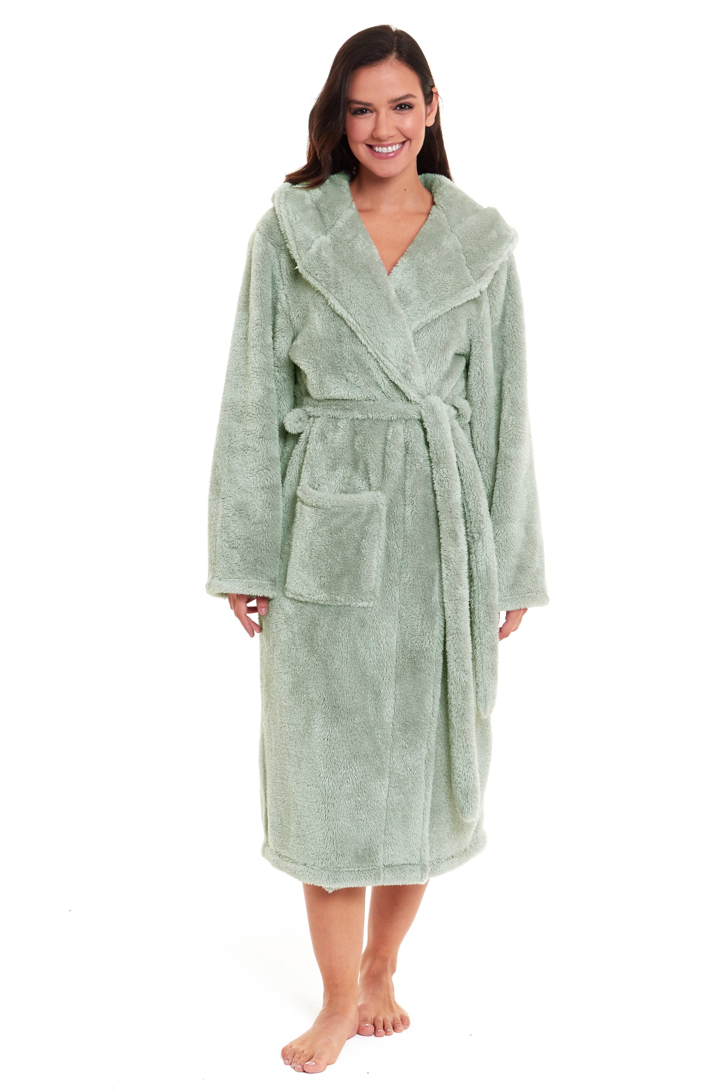 Women's Snuggle Fleece Touch Hooded Robe Luxurious Soft Loungewear Cosy Durable Dressing Gown UK Sizes 8-22 Green Grey Pink Green