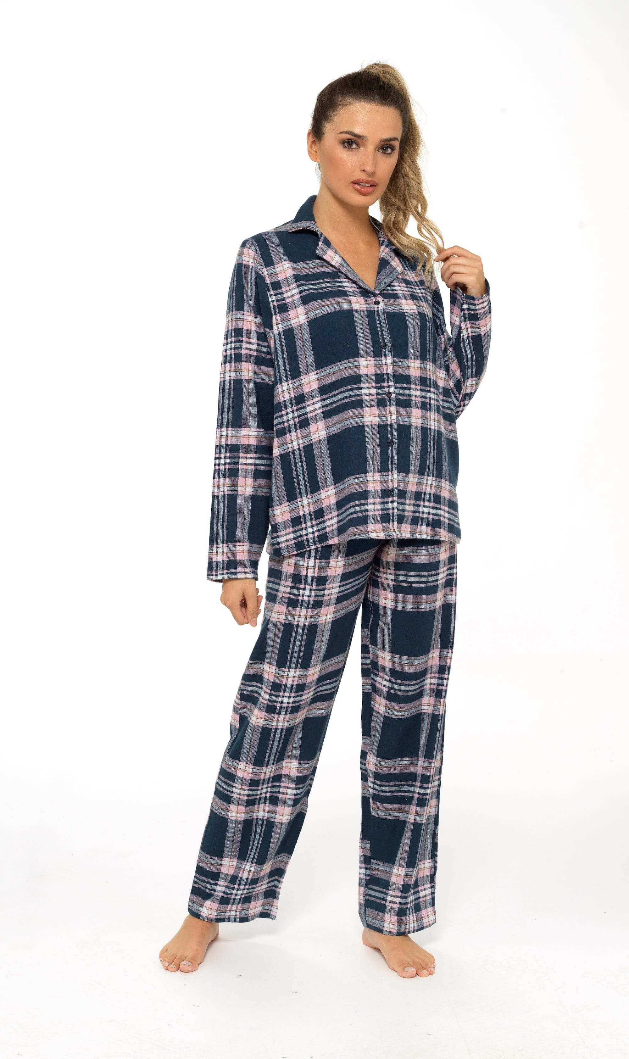 Women's Soft Brushed Cotton Flannelette Pajama Set with Elastic Waistband Cozy Check Pattern Sleepwear for All Seasons Small to XLarge