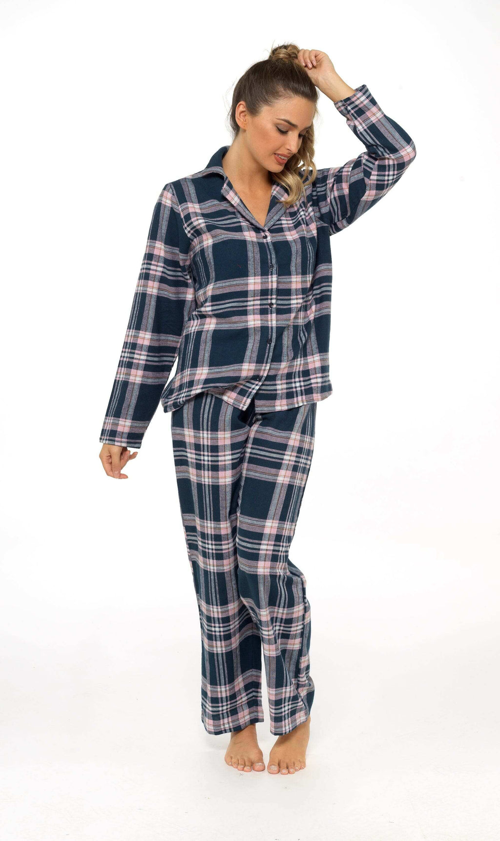 Women's Soft Brushed Cotton Flannelette Pajama Set with Elastic Waistband Cozy Check Pattern Sleepwear for All Seasons Small to XLarge
