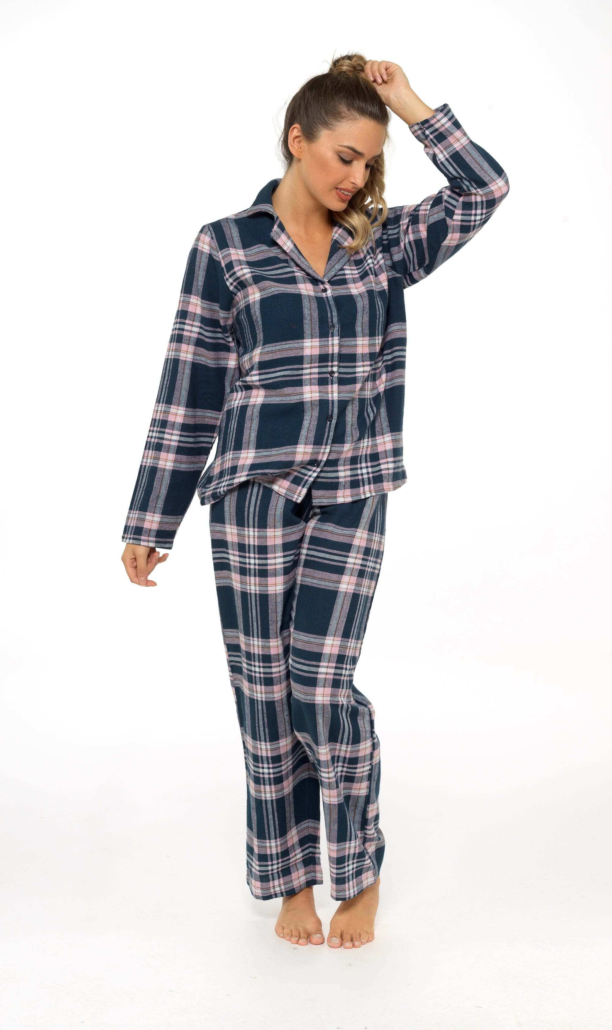 Women's Soft Brushed Cotton Flannelette Pajama Set with Elastic Waistband Cozy Check Pattern Sleepwear for All Seasons Small to XLarge
