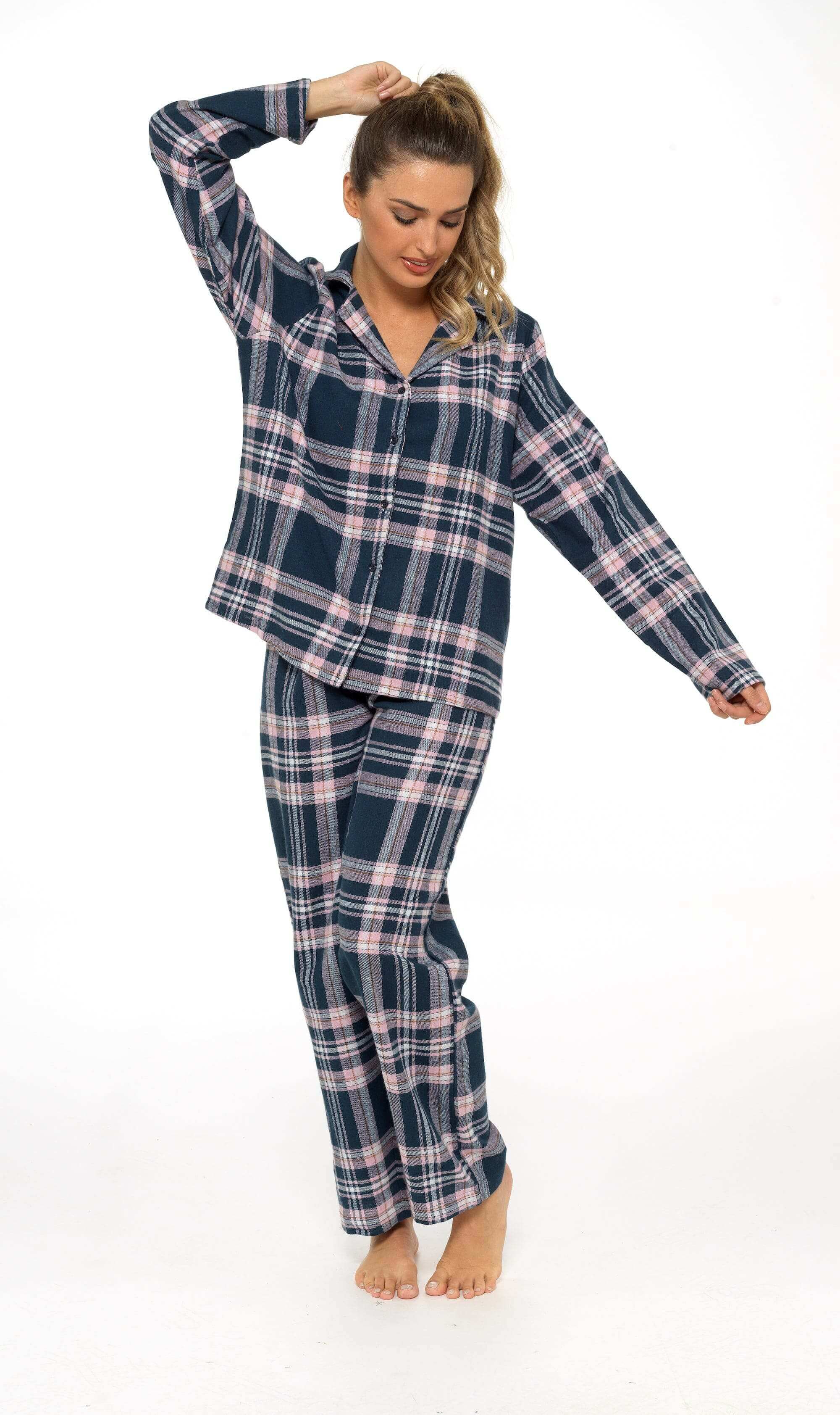 Women's Soft Brushed Cotton Flannelette Pajama Set with Elastic Waistband Cozy Check Pattern Sleepwear for All Seasons Small to XLarge