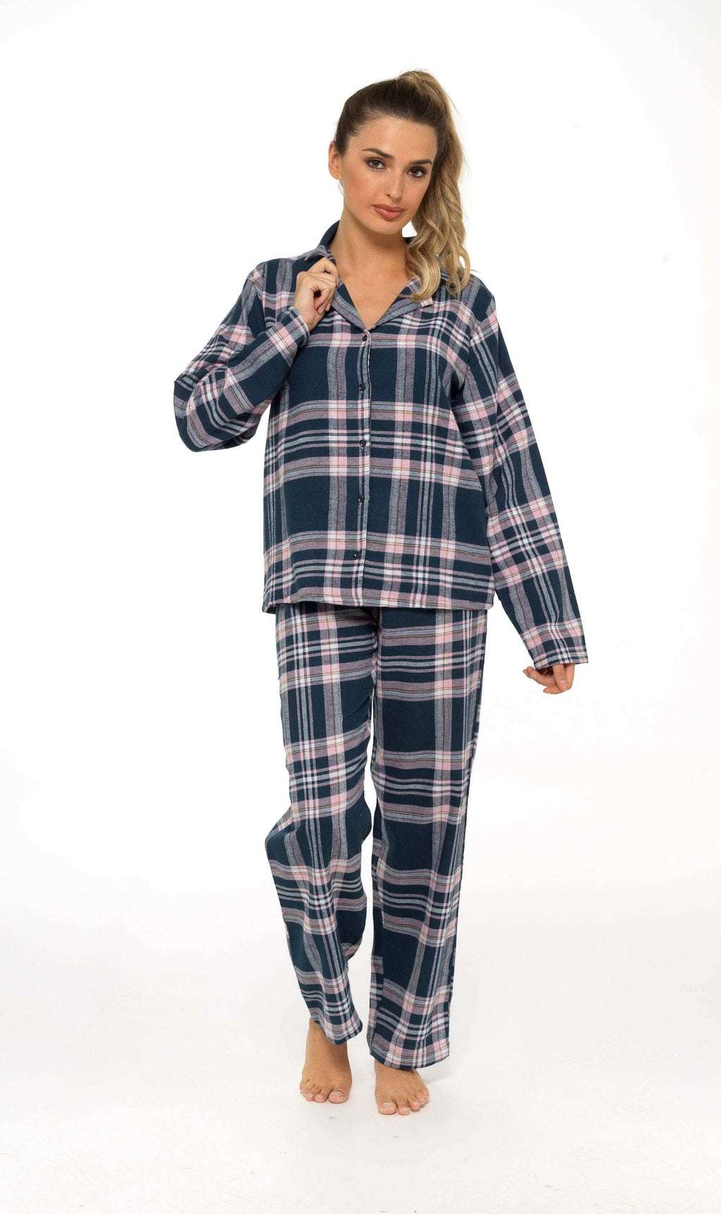Women's Soft Brushed Cotton Flannelette Pajama Set with Elastic Waistband Cozy Check Pattern Sleepwear for All Seasons Small to XLarge