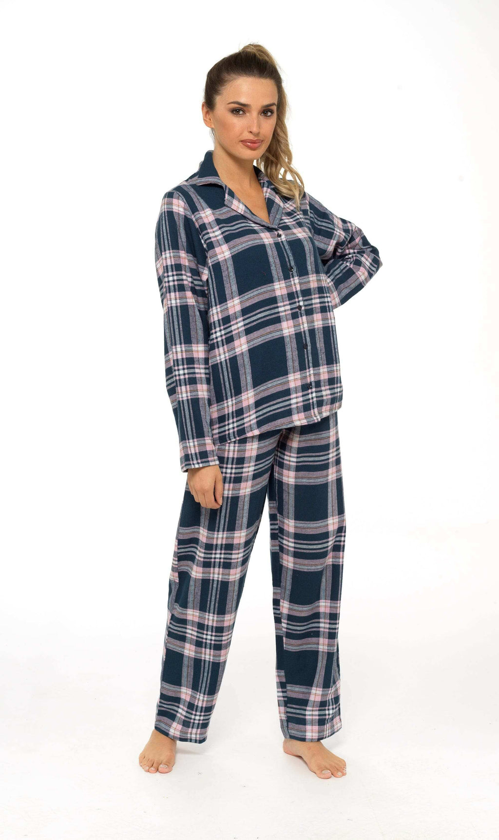 Women's Soft Brushed Cotton Flannelette Pajama Set with Elastic Waistband Cozy Check Pattern Sleepwear for All Seasons Small to XLarge