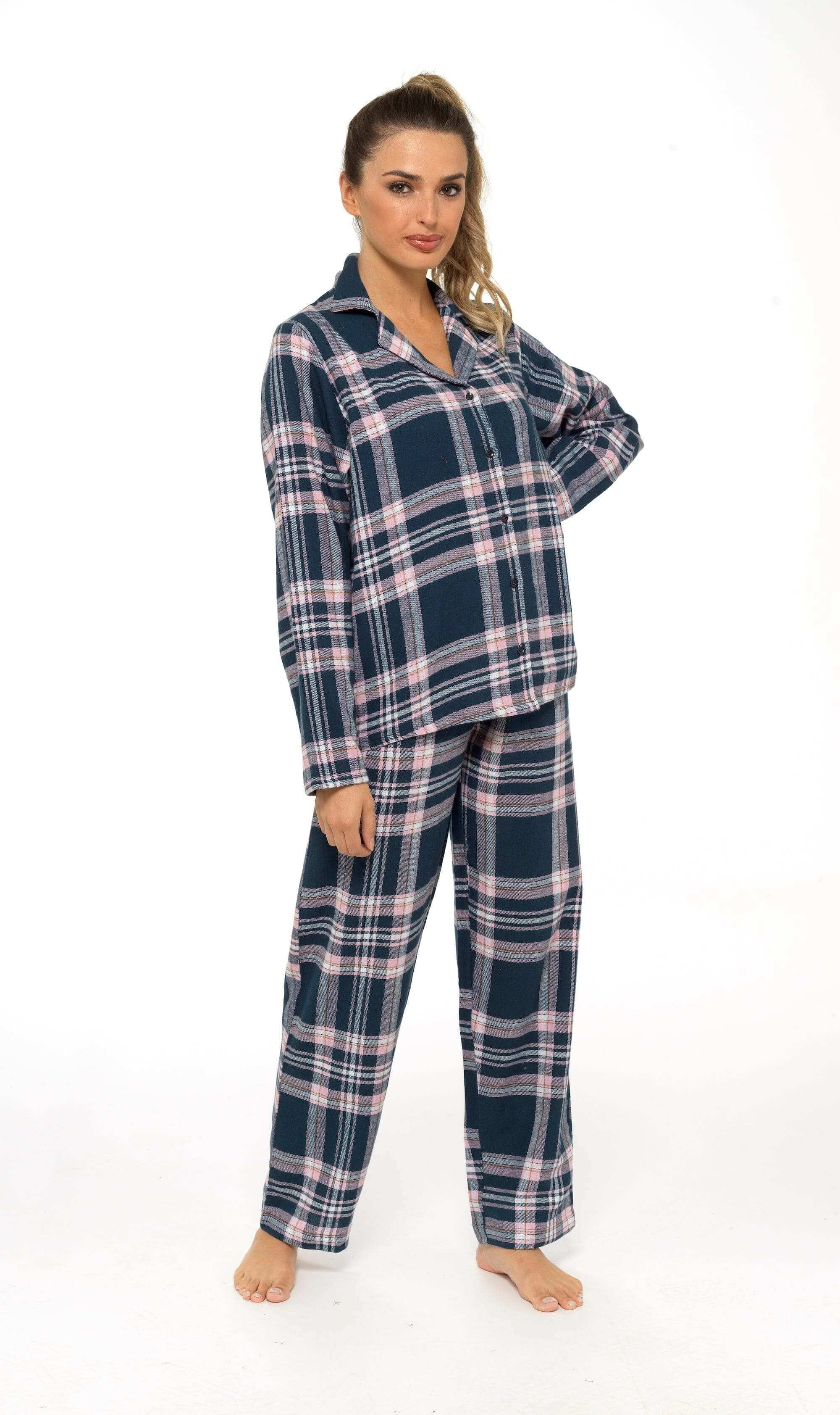 Women's Soft Brushed Cotton Flannelette Pajama Set with Elastic Waistband Cozy Check Pattern Sleepwear for All Seasons Small to XLarge