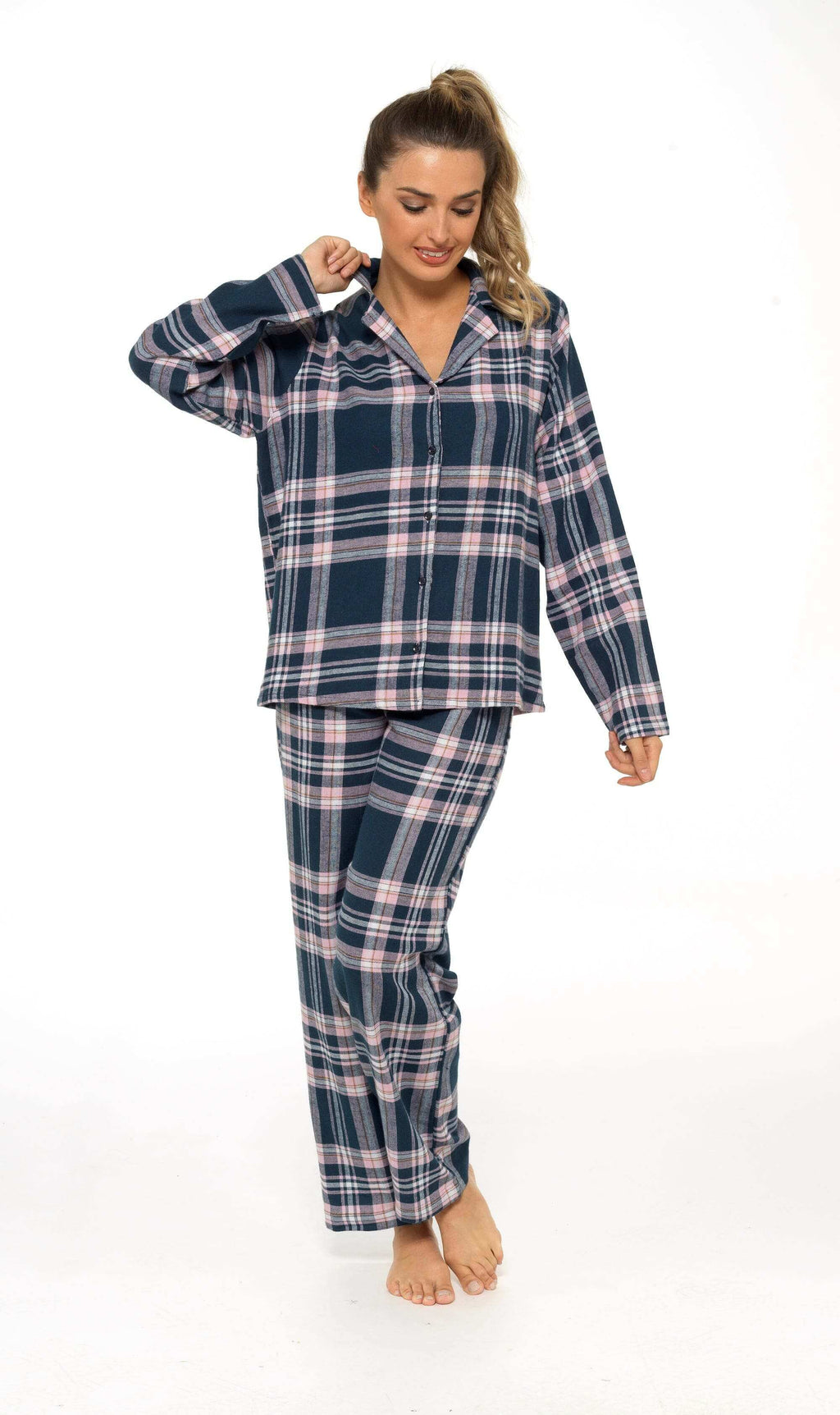 Women's Soft Brushed Cotton Flannelette Pajama Set with Elastic Waistband Cozy Check Pattern Sleepwear for All Seasons Small to XLarge