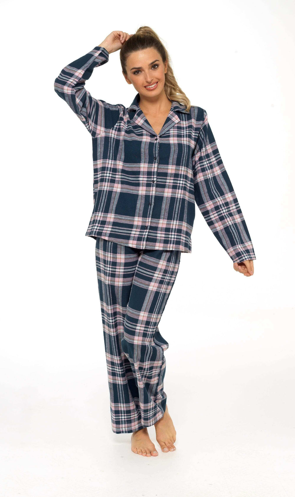Women's Soft Brushed Cotton Flannelette Pajama Set with Elastic Waistband Cozy Check Pattern Sleepwear for All Seasons Small to XLarge