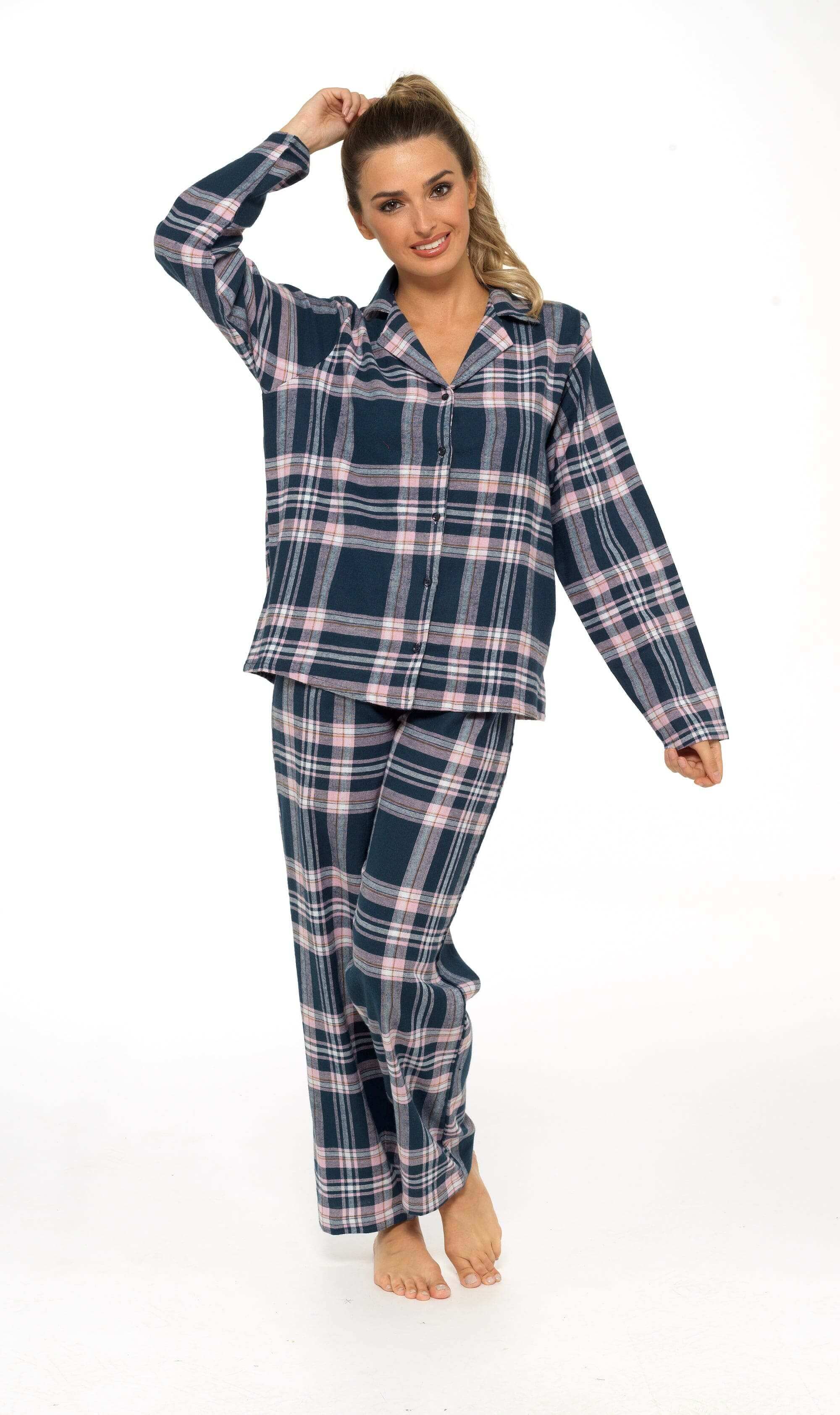 Women's Soft Brushed Cotton Flannelette Pajama Set with Elastic Waistband Cozy Check Pattern Sleepwear for All Seasons Small to XLarge