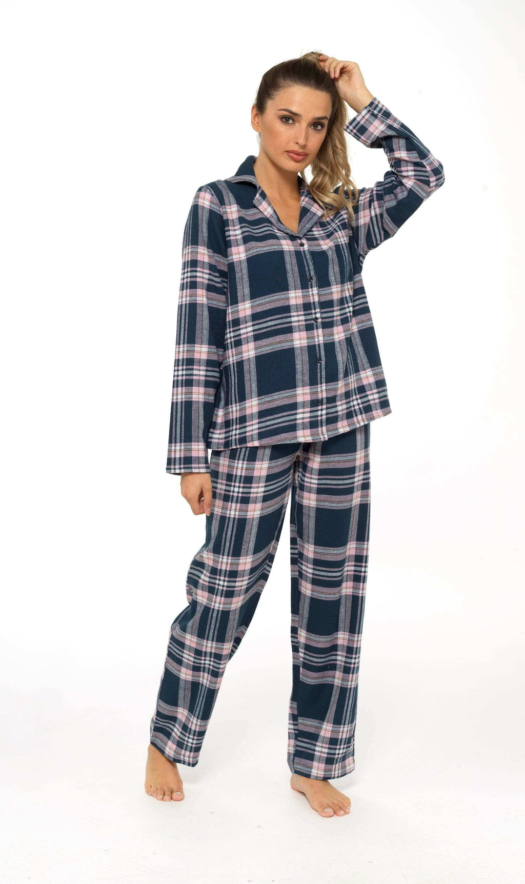 Women's Soft Brushed Cotton Flannelette Pajama Set with Elastic Waistband Cozy Check Pattern Sleepwear for All Seasons Small to XLarge