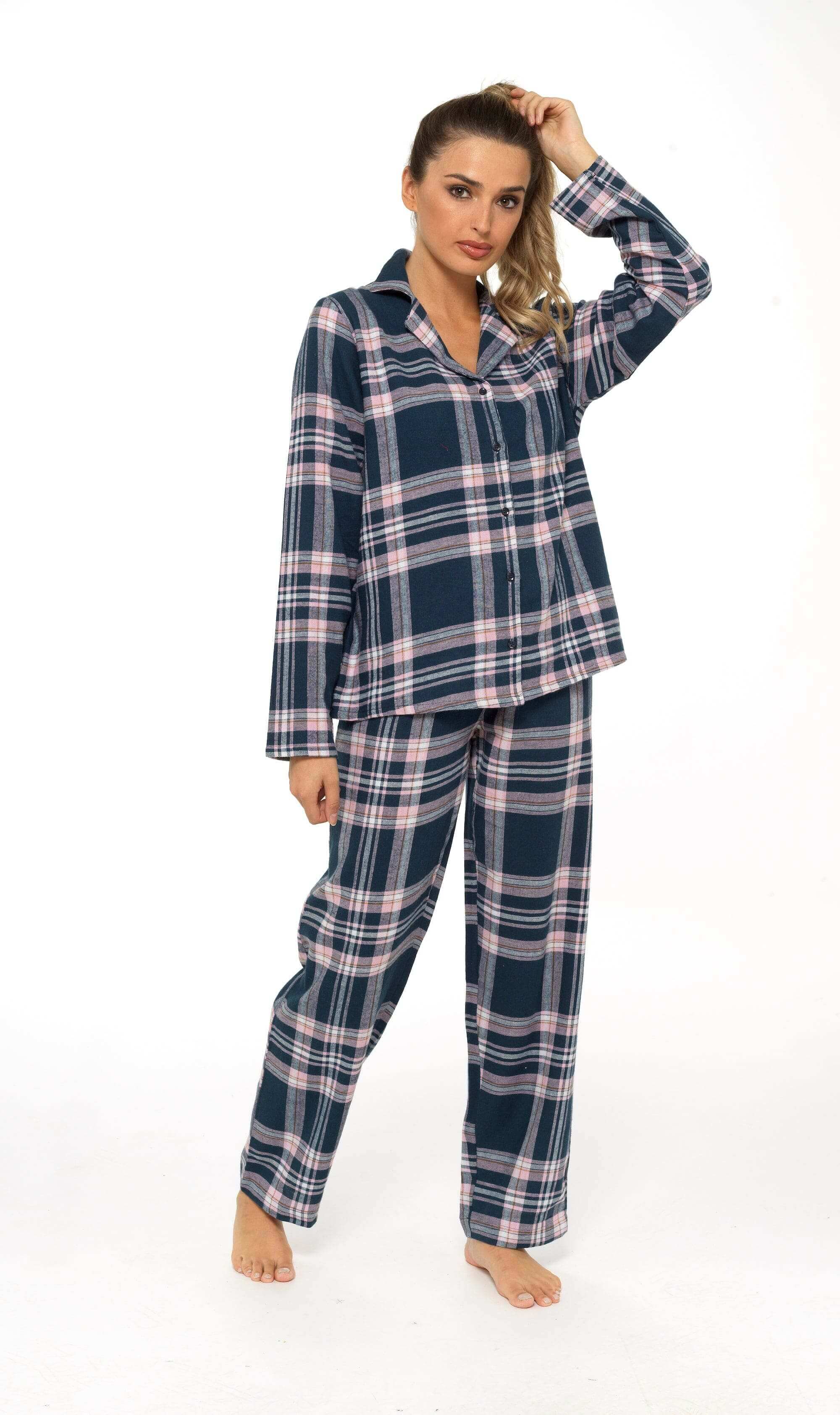 Women's Soft Brushed Cotton Flannelette Pajama Set with Elastic Waistband Cozy Check Pattern Sleepwear for All Seasons Small to XLarge