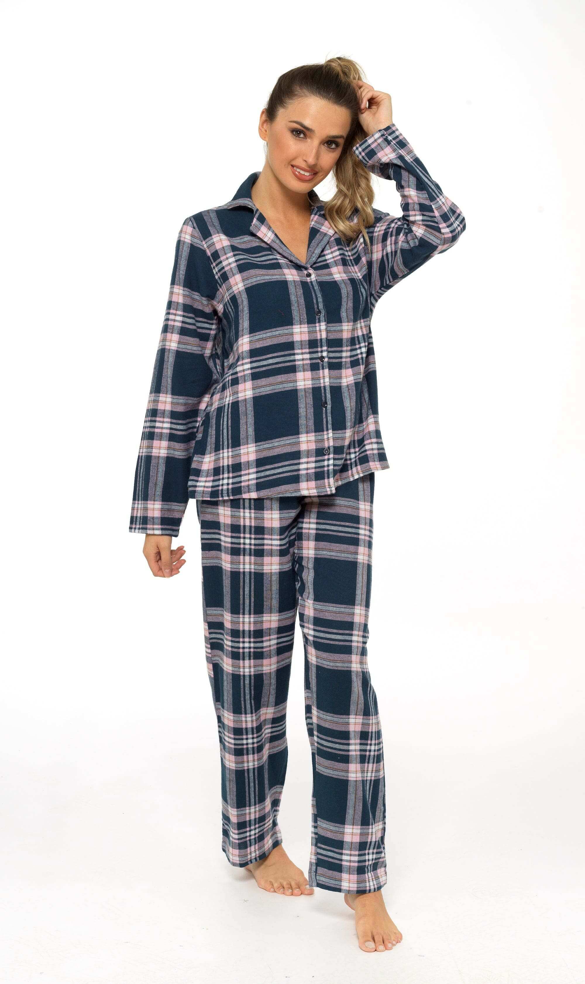 Women's Soft Brushed Cotton Flannelette Pajama Set with Elastic Waistband Cozy Check Pattern Sleepwear for All Seasons Small to XLarge