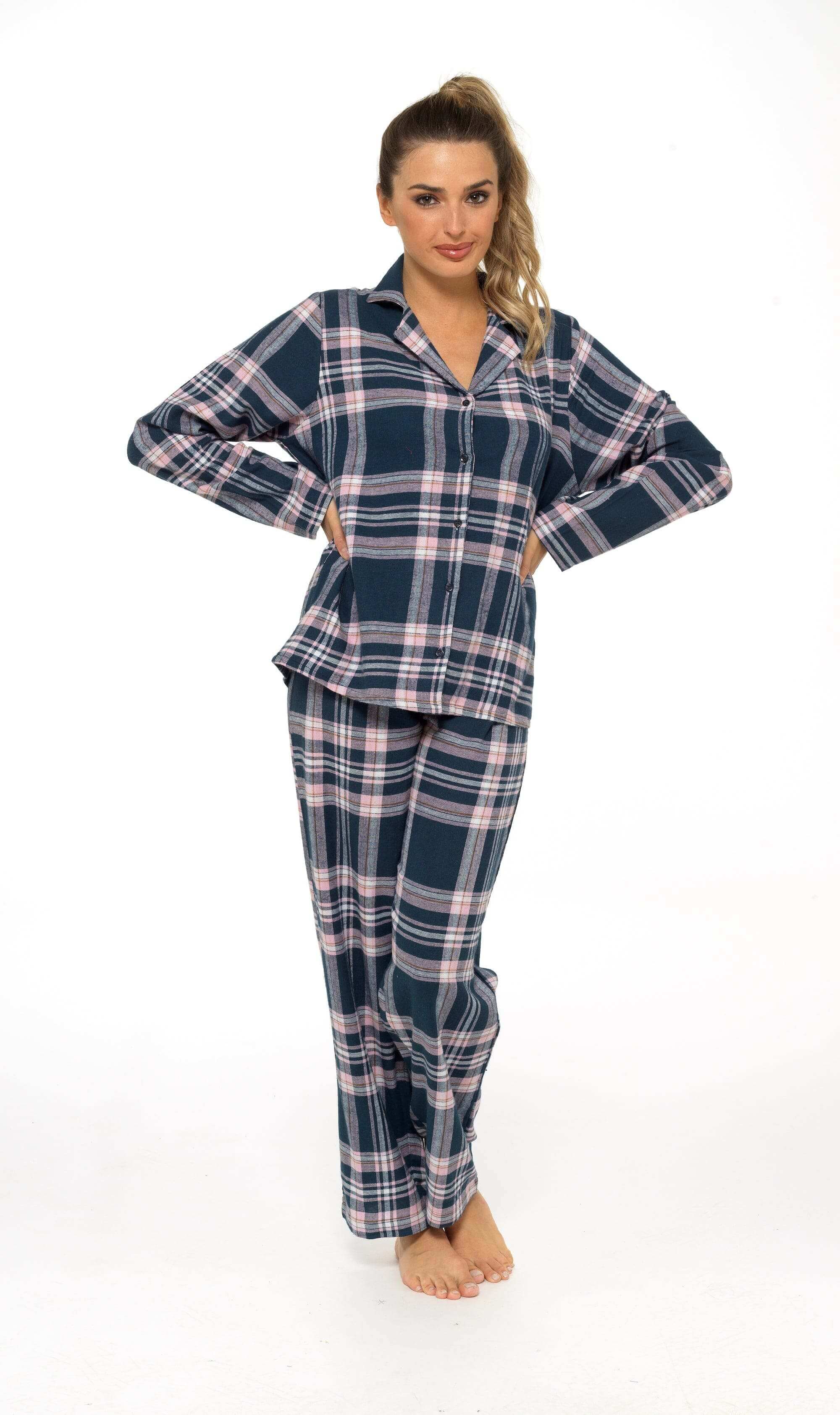 Women's Soft Brushed Cotton Flannelette Pajama Set with Elastic Waistband Cozy Check Pattern Sleepwear for All Seasons Small to XLarge