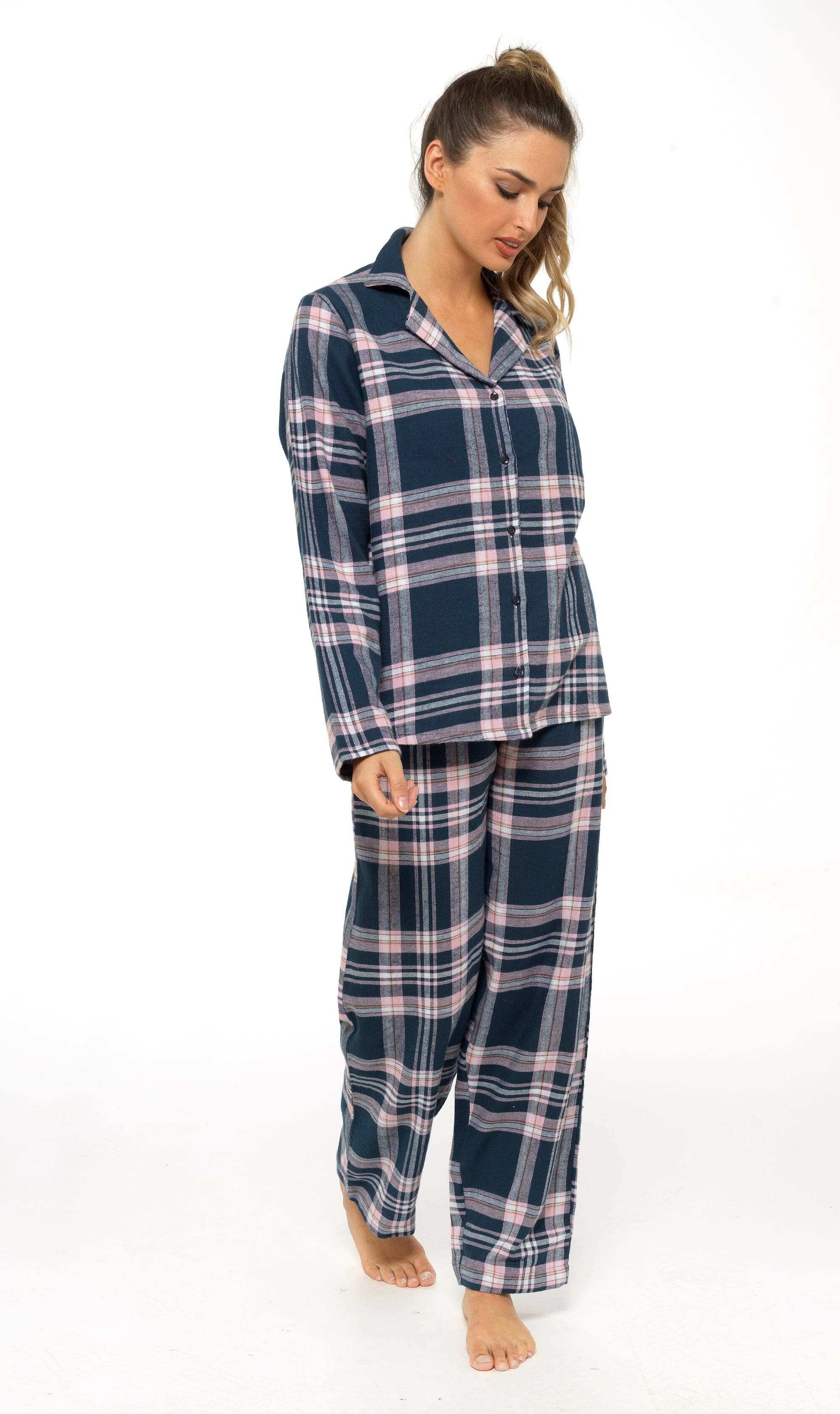 Women's Soft Brushed Cotton Flannelette Pajama Set with Elastic Waistband Cozy Check Pattern Sleepwear for All Seasons Small to XLarge