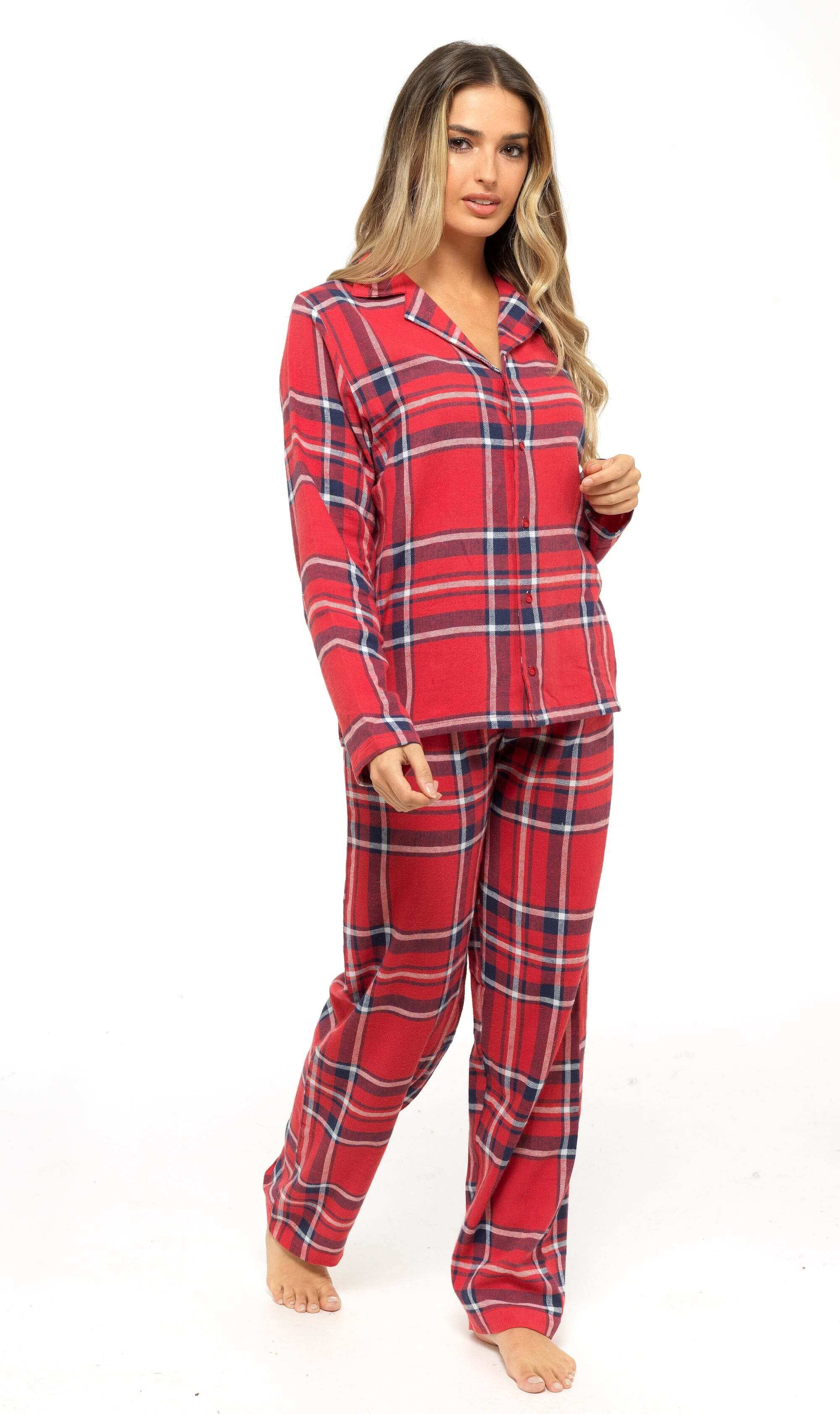 Women's Soft Brushed Cotton Flannelette Pajama Set with Elastic Waistband Cozy Check Pattern Sleepwear for All Seasons Small to XLarge