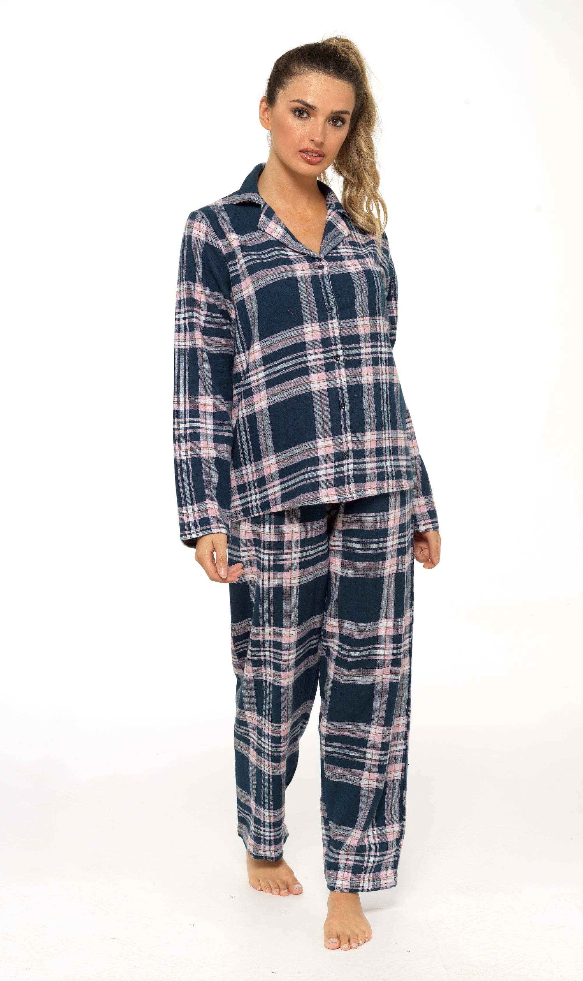 Women's Soft Brushed Cotton Flannelette Pajama Set with Elastic Waistband Cozy Check Pattern Sleepwear for All Seasons Small to XLarge