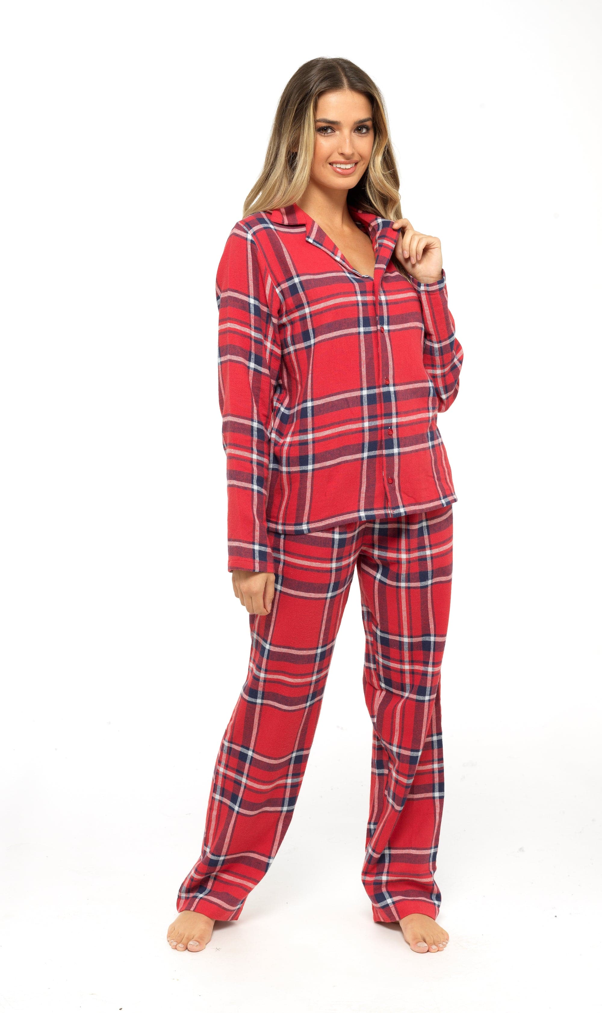 Women's Soft Cotton Flannelette Check Pyjama Set with Elasticated Waistband Cosy Warm Nightwear PJs Classic Check Pattern Sleepwear UK Sizes 8-22