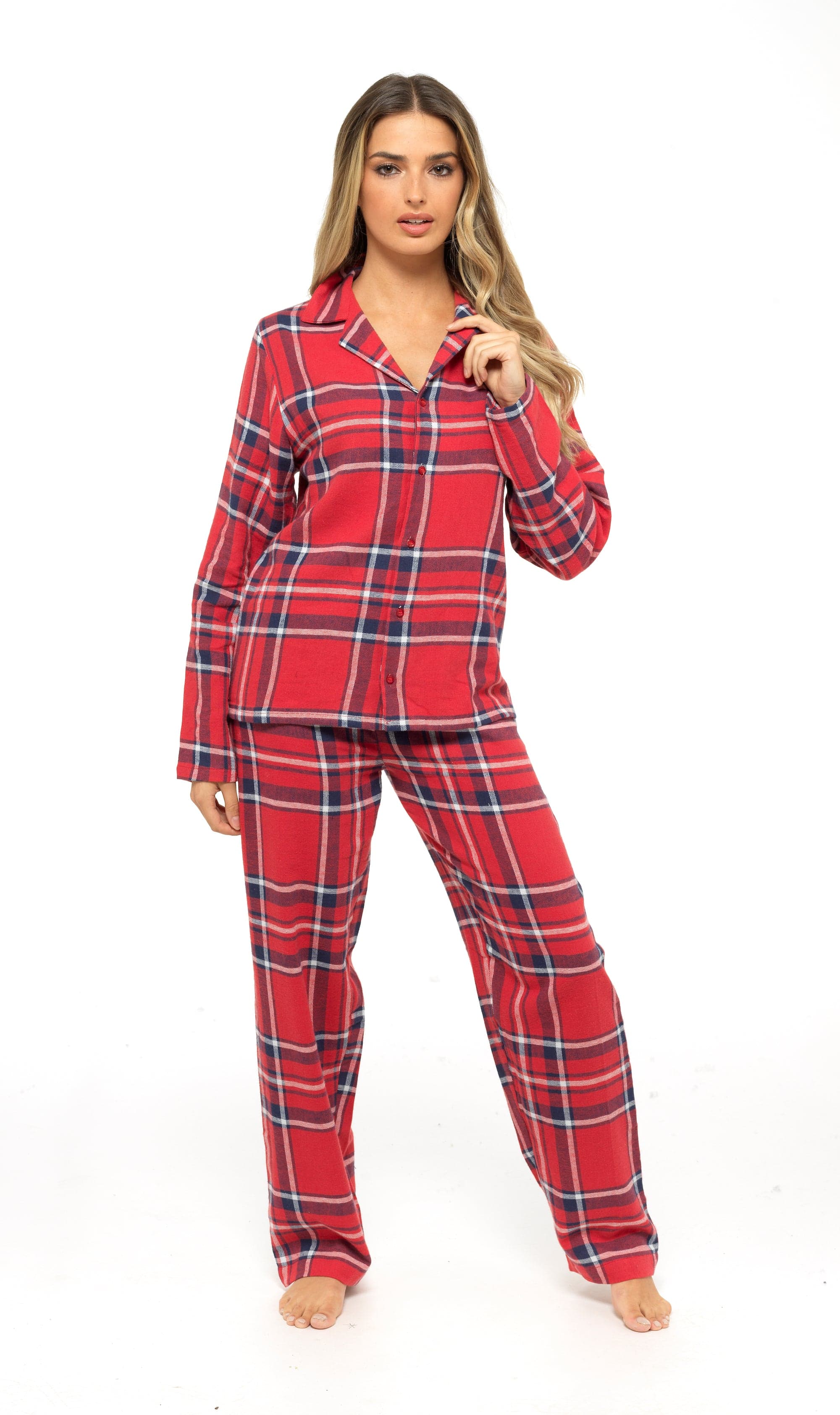 Women's Soft Cotton Flannelette Check Pyjama Set with Elasticated Waistband Cosy Warm Nightwear PJs Classic Check Pattern Sleepwear UK Sizes 8-22