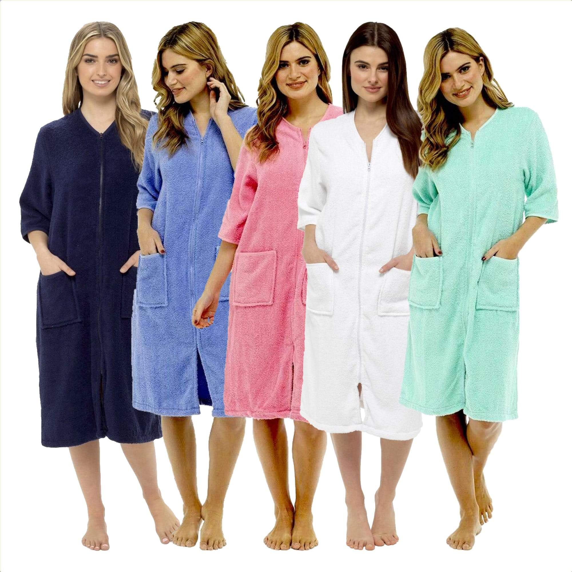 Women's Soft Fluffy Terry Towelling Zip Through Bathrobe 100 Percent Cotton Ultra Absorbent Post-Bath Lounge Wear UK Sizes 8-22