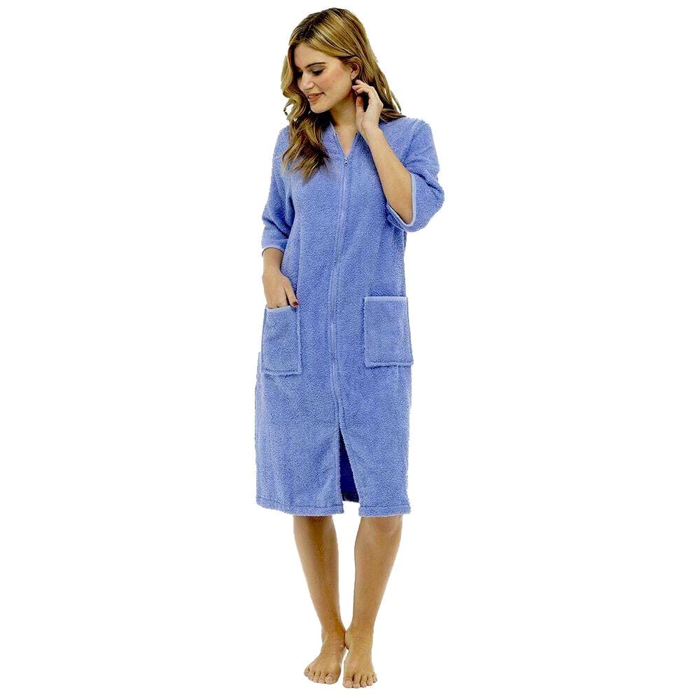Women's Soft Fluffy Terry Towelling Zip Through Bathrobe 100 Percent Cotton Ultra Absorbent Post-Bath Lounge Wear UK Sizes 8-22