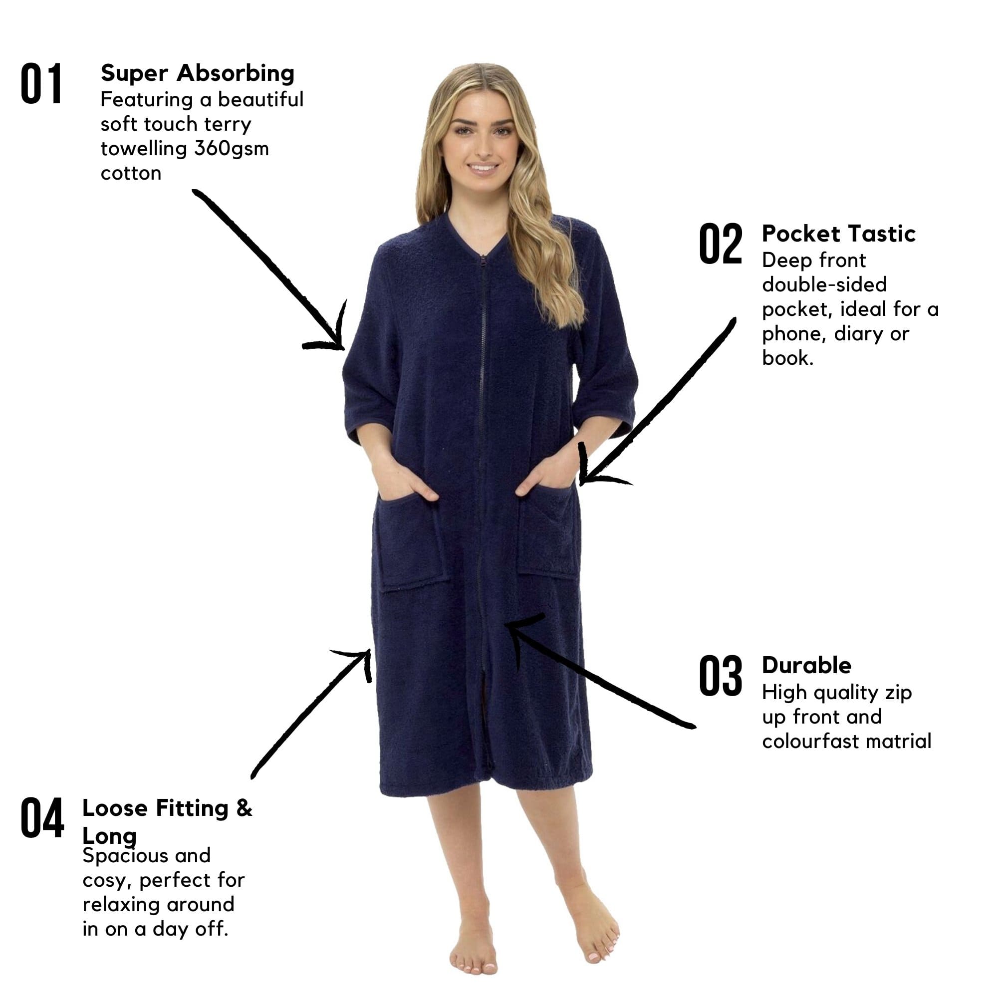 Women's Soft Fluffy Terry Towelling Zip Through Bathrobe 100 Percent Cotton Ultra Absorbent Post-Bath Lounge Wear UK Sizes 8-22