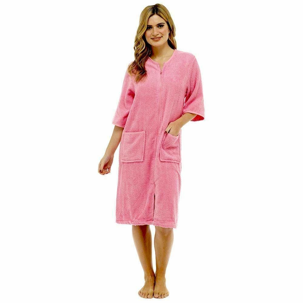 Women's Soft Fluffy Terry Towelling Zip Through Bathrobe 100 Percent Cotton Ultra Absorbent Post-Bath Lounge Wear UK Sizes 8-22