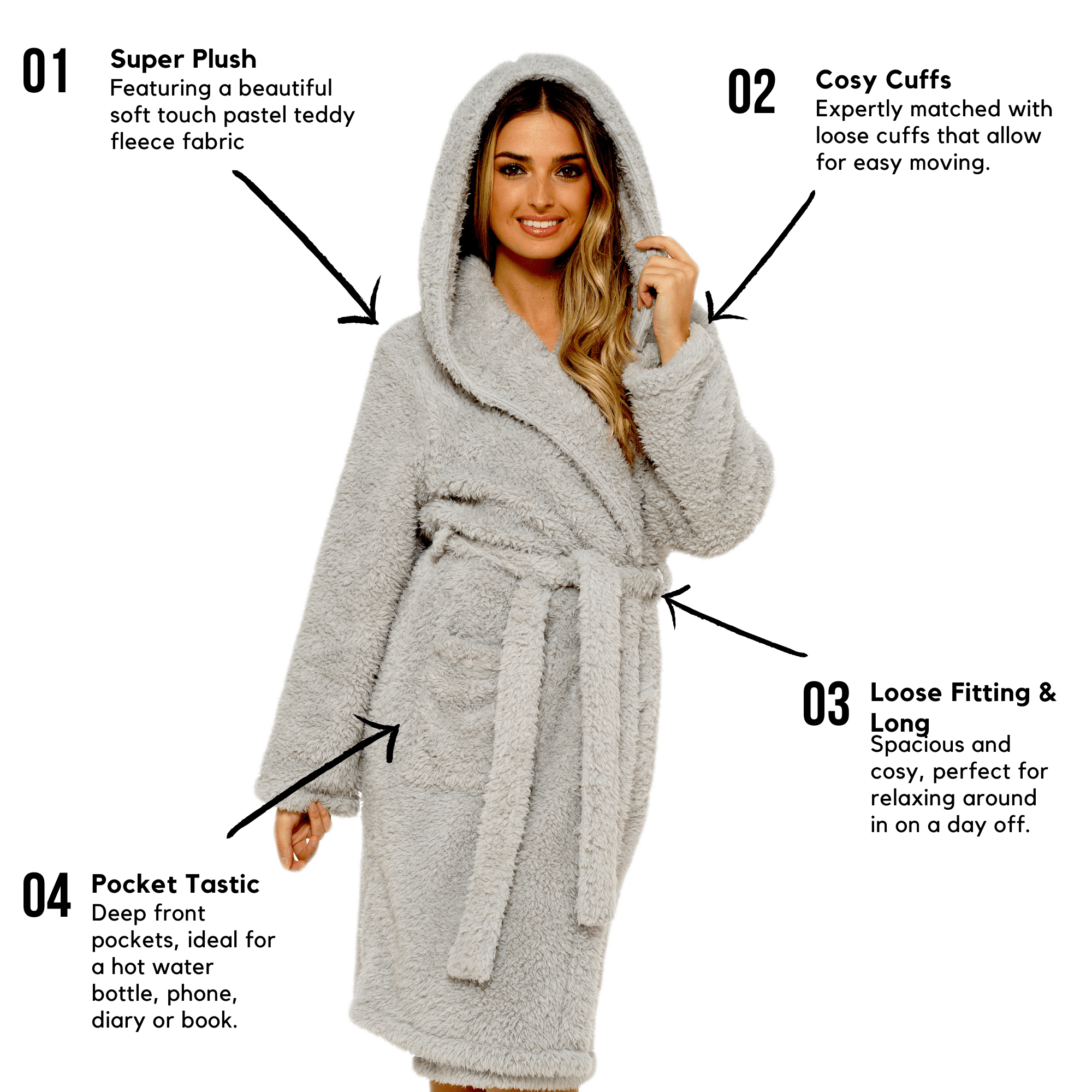 Women's Soft Grey Teddy Fleece Hooded Robe Ultra-Soft Sherpa Lined Cozy Nightwear Warm Dressing Gown