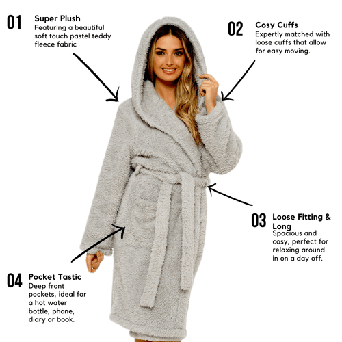 Women's Soft Grey Teddy Fleece Hooded Robe Ultra-Soft Sherpa Lined Cozy Nightwear Warm Dressing Gown