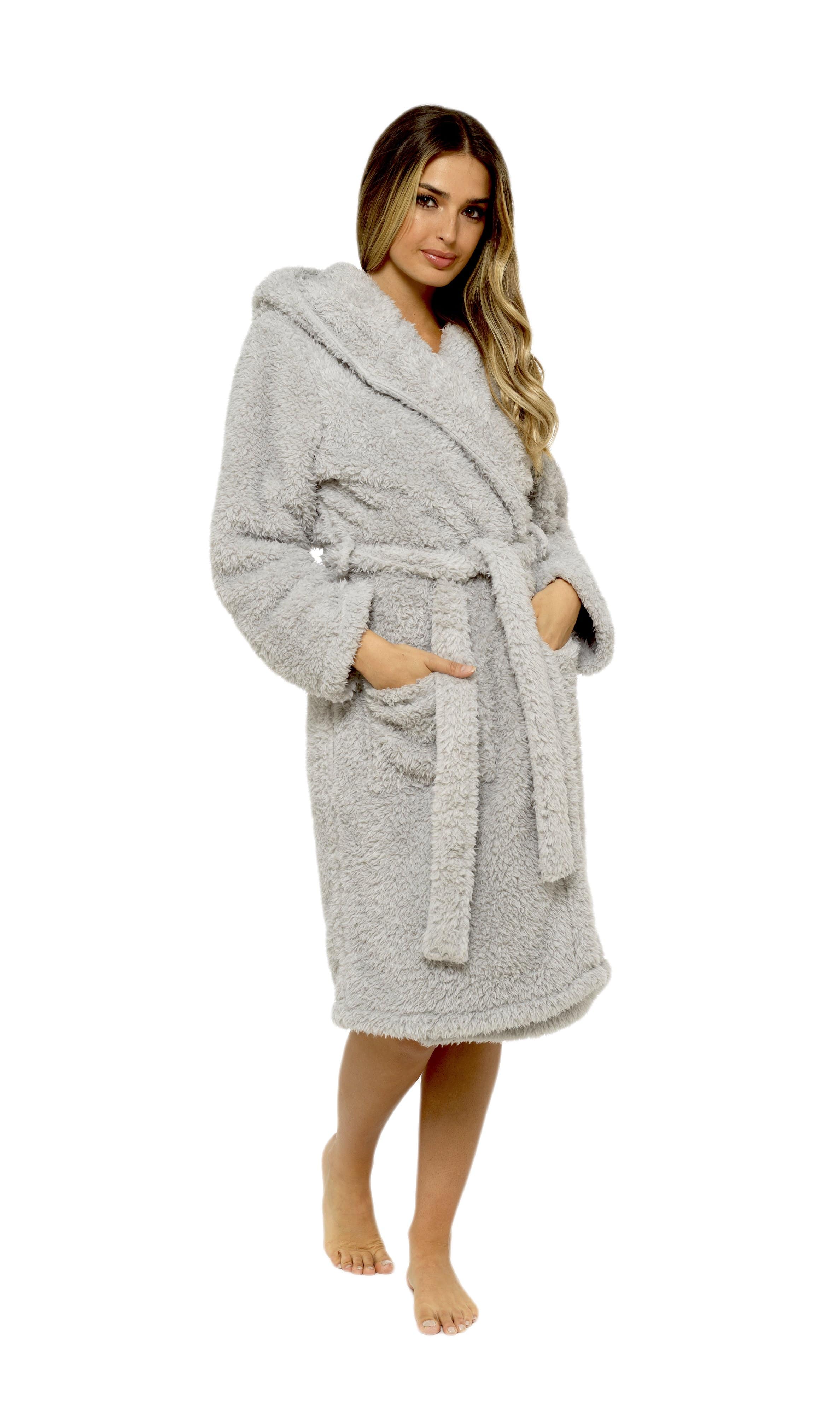 Women's Soft Grey Teddy Fleece Hooded Robe Ultra-Soft Sherpa Lined Cozy Nightwear Warm Dressing Gown