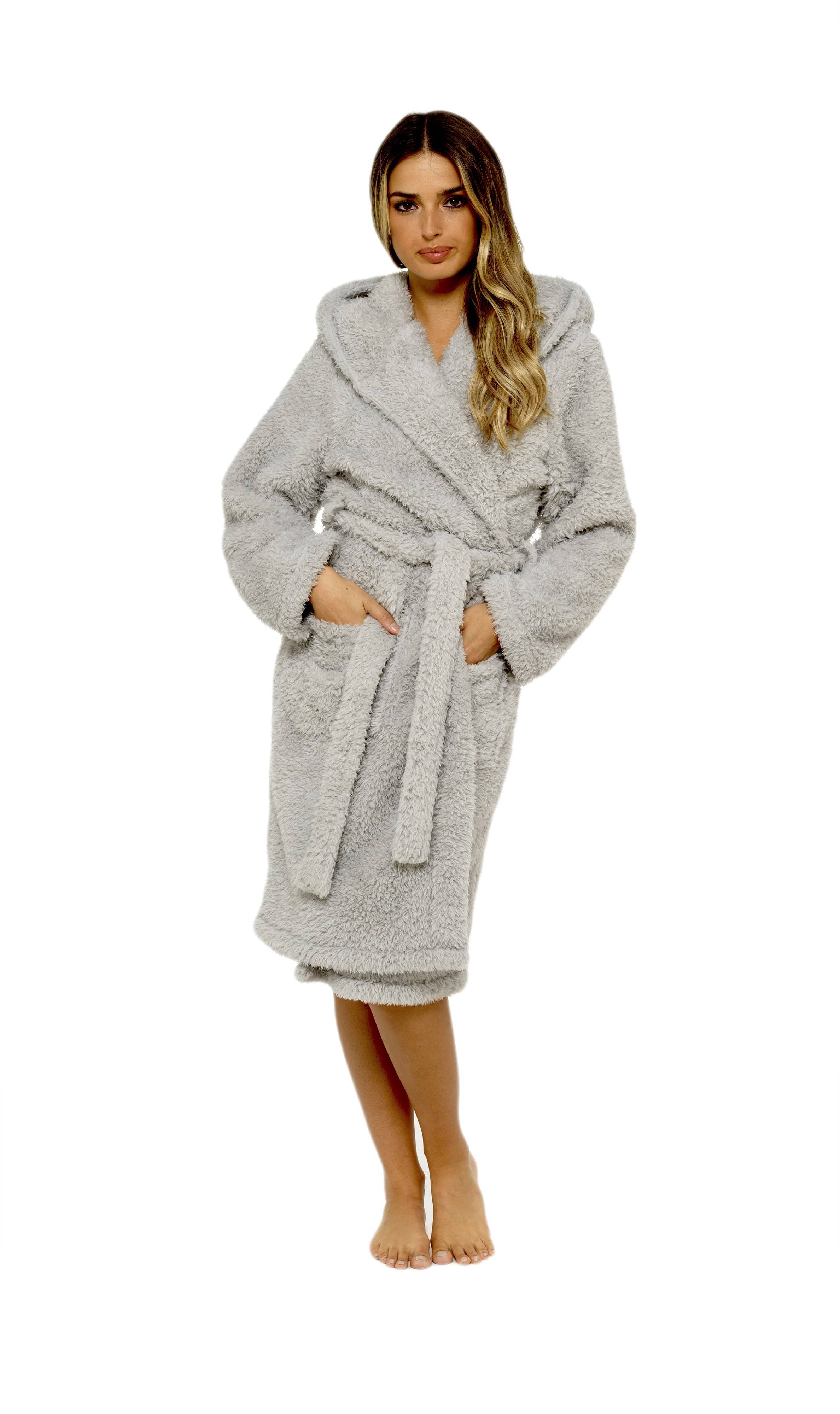 Women's Soft Grey Teddy Fleece Hooded Robe Ultra-Soft Sherpa Lined Cozy Nightwear Warm Dressing Gown