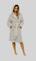 Women's Soft Grey Teddy Fleece Hooded Robe Ultra-Soft Sherpa Lined Cozy Nightwear Warm Dressing Gown