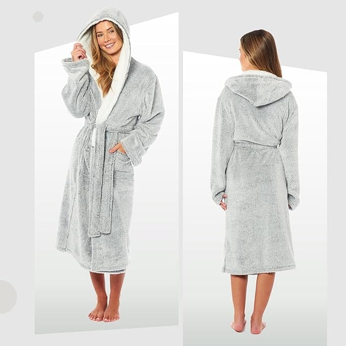 Women's Soft Plush Shimmer Fleece Hooded Bath Robe Luxurious Dressing Gown for Lounging and Sleeping in Shimmer Grey Multiple Sizes