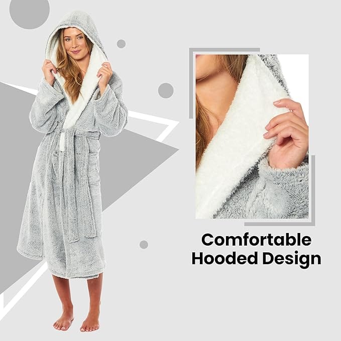 Women's Soft Plush Shimmer Fleece Hooded Bath Robe Luxurious Dressing Gown for Lounging and Sleeping in Shimmer Grey Multiple Sizes