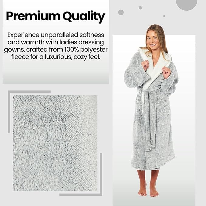 Women's Soft Plush Shimmer Fleece Hooded Bath Robe Luxurious Dressing Gown for Lounging and Sleeping in Shimmer Grey Multiple Sizes