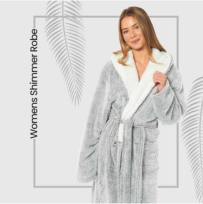 Women's Soft Plush Shimmer Fleece Hooded Bath Robe Luxurious Dressing Gown for Lounging and Sleeping in Shimmer Grey Multiple Sizes