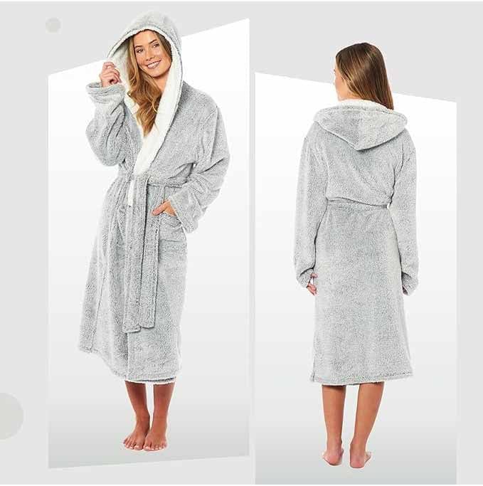 Women's Soft Plush Shimmer Fleece Hooded Bath Robe Luxurious Dressing Gown for Lounging and Sleeping in Shimmer Grey Multiple Sizes