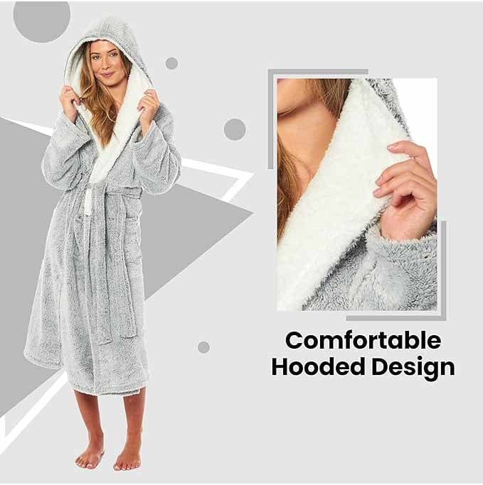 Women's Soft Plush Shimmer Fleece Hooded Bath Robe Luxurious Dressing Gown for Lounging and Sleeping in Shimmer Grey Multiple Sizes