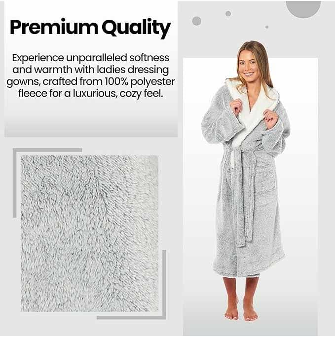 Women's Soft Plush Shimmer Fleece Hooded Bath Robe Luxurious Dressing Gown for Lounging and Sleeping in Shimmer Grey Multiple Sizes