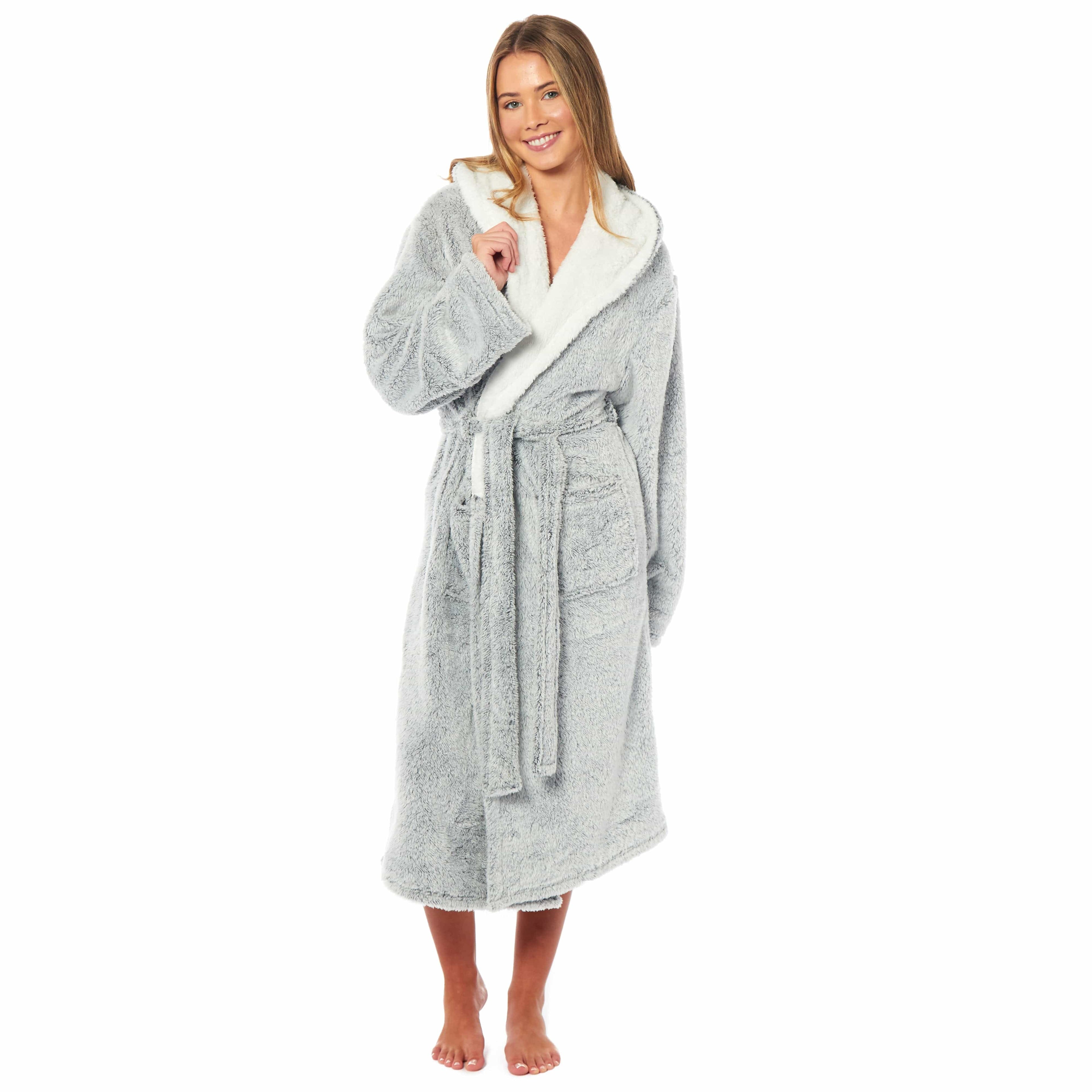 Women's Soft Plush Shimmer Fleece Hooded Bath Robe Luxurious Dressing Gown for Lounging and Sleeping in Shimmer Grey Multiple Sizes