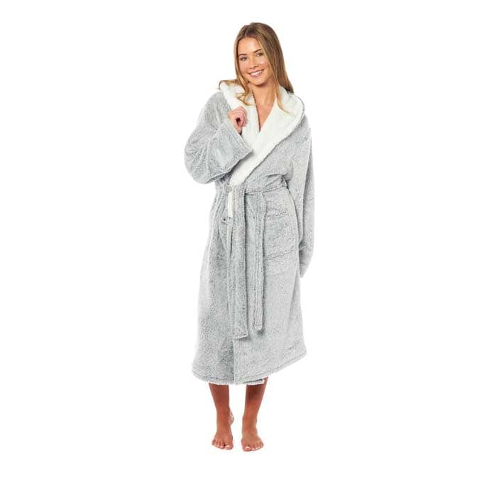 Women's Soft Plush Shimmer Fleece Hooded Bath Robe Luxurious Dressing Gown for Lounging and Sleeping in Shimmer Grey Multiple Sizes
